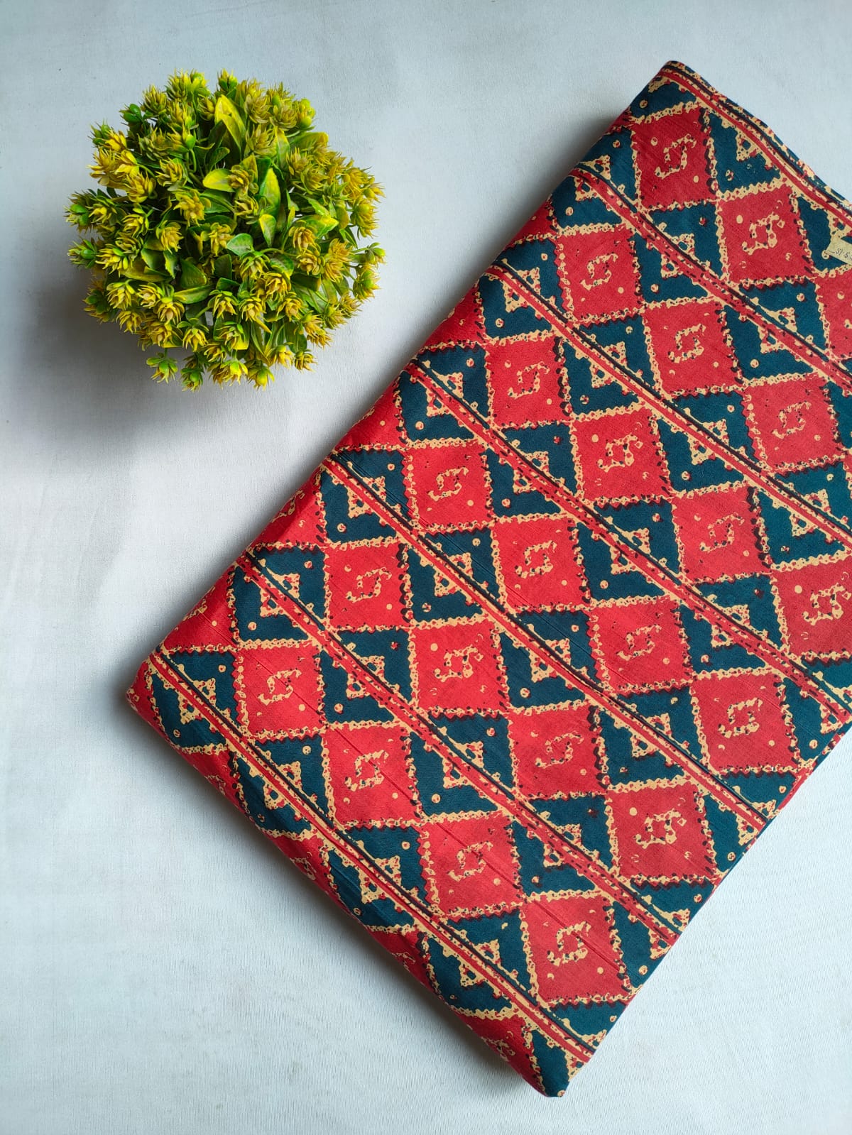 Red and Navy Geometric Screen Print Pure Cotton Fabric From Tulsi Prints