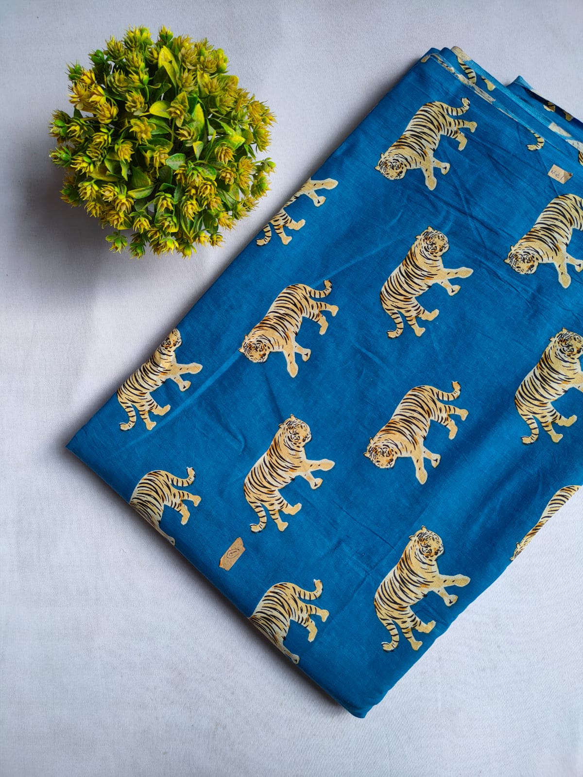Blue Tiger Motif Screen Print Pure Cotton Fabric From Tulsi Prints