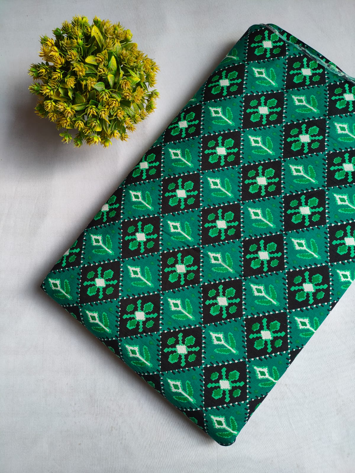 Green Geometric Screen Print Pure Cotton Fabric From Tulsi Prints