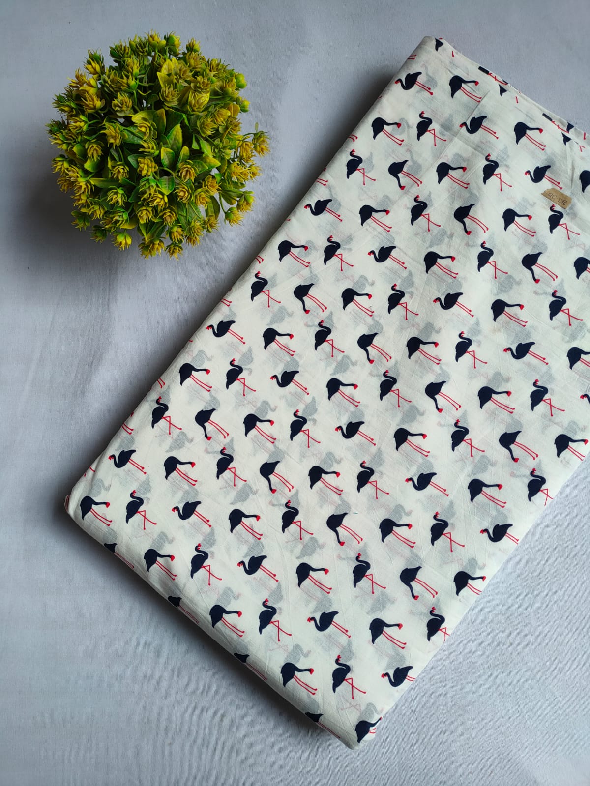 White Flamingo Motif Screen Print Pure Cotton Fabric From Tulsi Prints