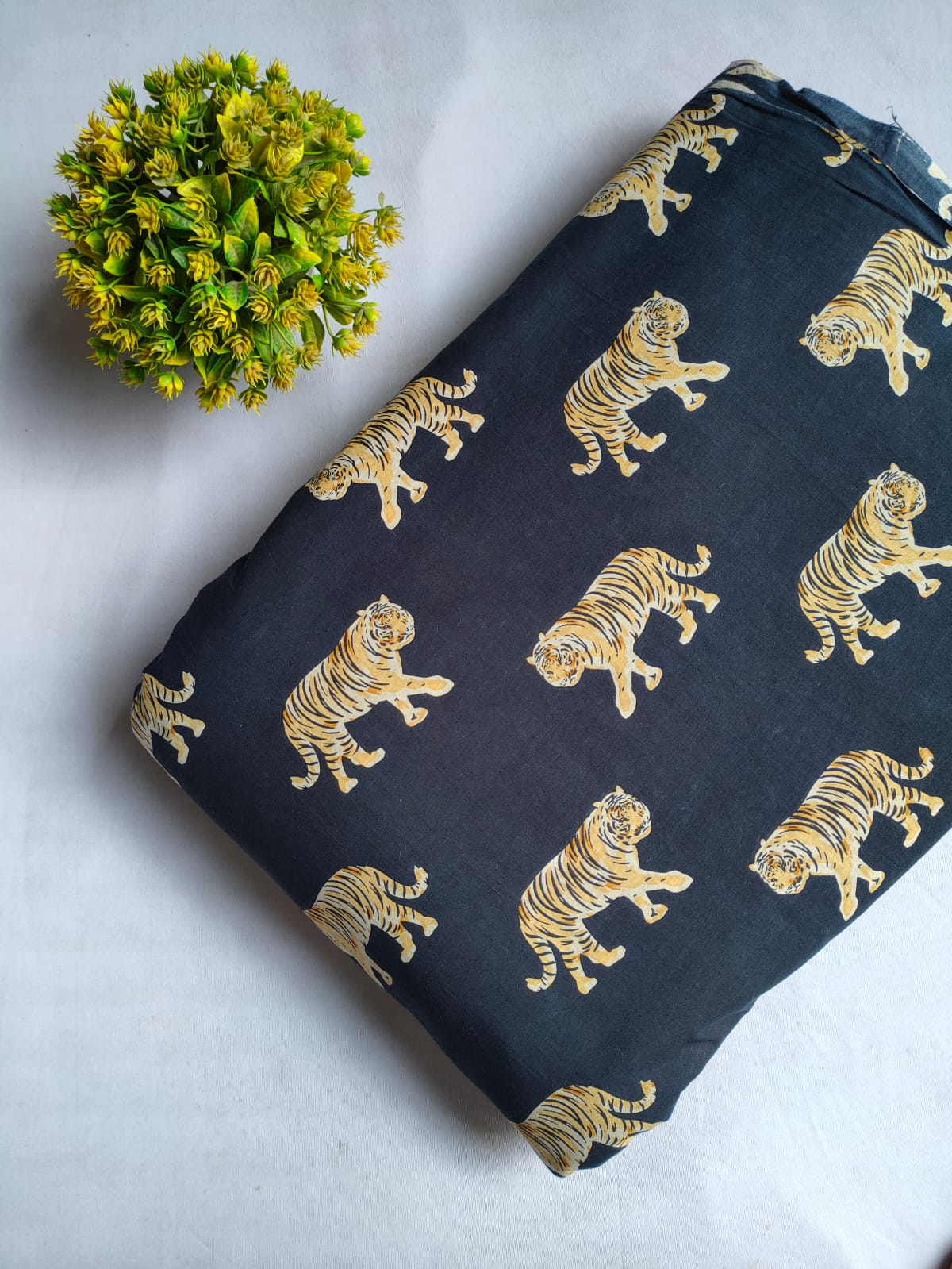 Black Tiger Motif Screen Print Pure Cotton Fabric From Tulsi Prints