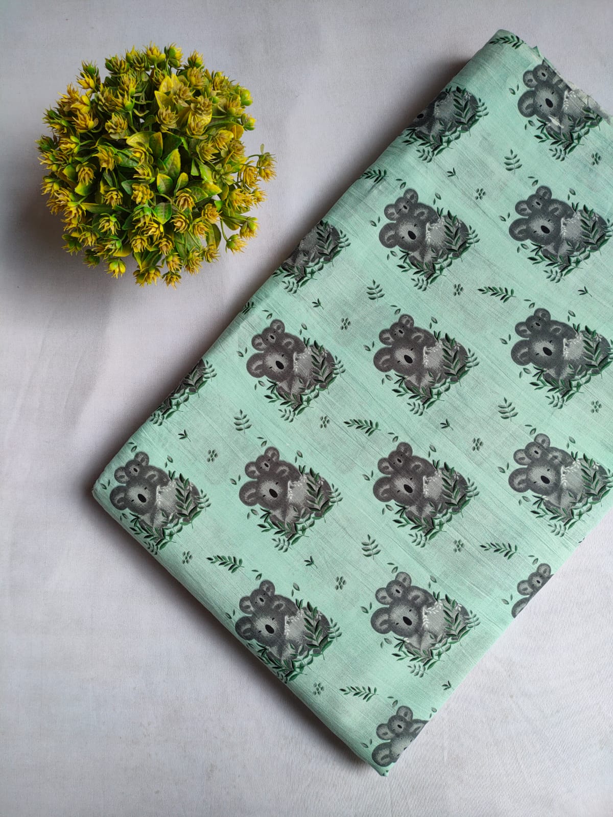 Mint Green Koala Motif Screen Print Pure Cotton Fabric From Tulsi Prints