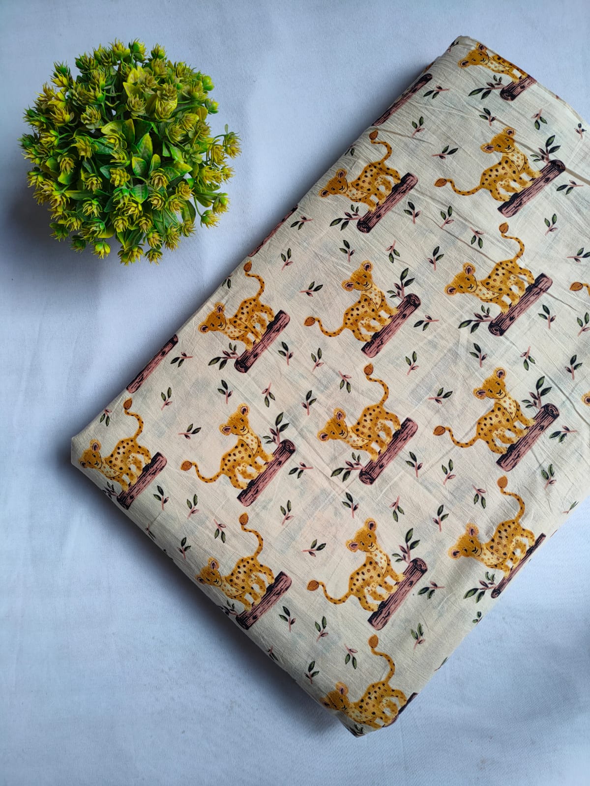 Cream Leopard Motif Screen Print Pure Cotton Fabric From Tulsi Prints