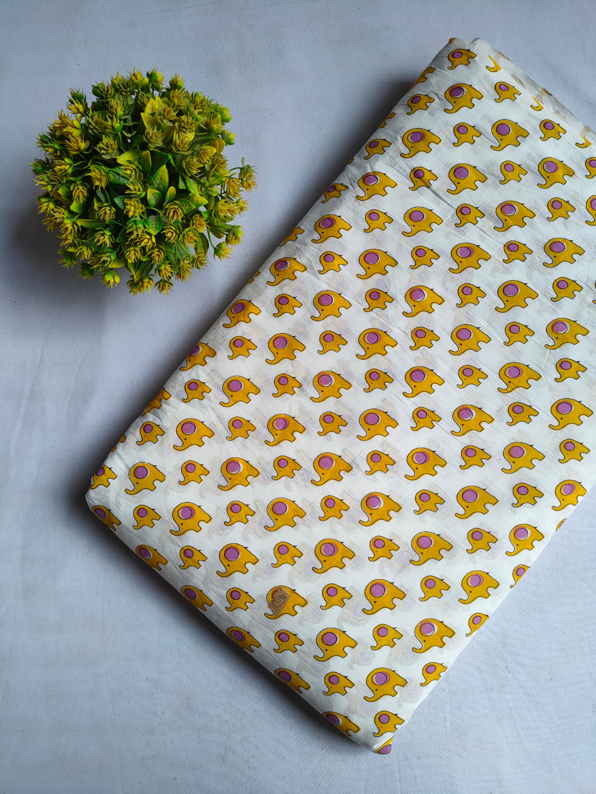 Yellow Elephant Motif Screen Print Pure Cotton Fabric From Tulsi Prints