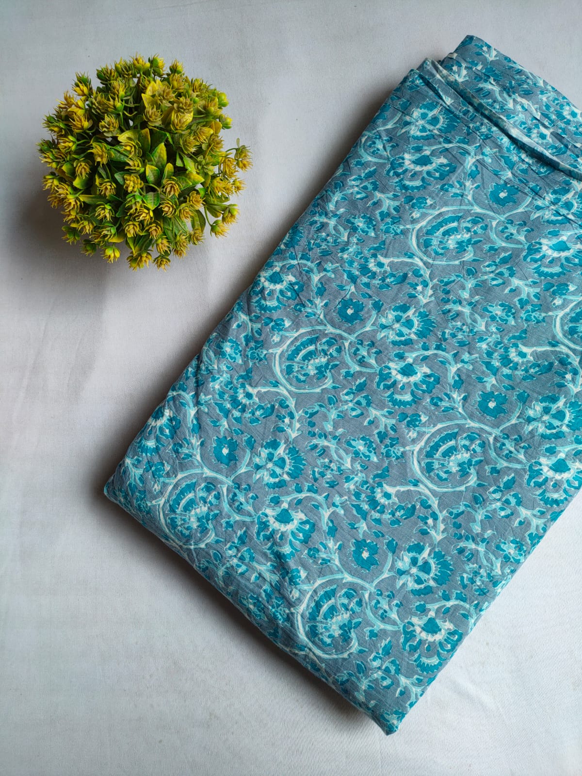Turquoise Floral Screen Print Pure Cotton Fabric From Tulsi Prints