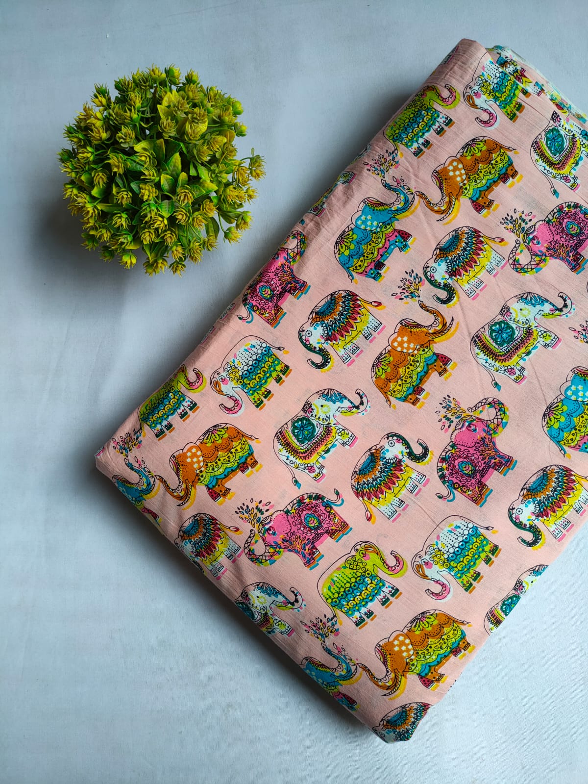 Multicolor Elephant Motif Screen Print Pure Cotton Fabric From Tulsi Prints