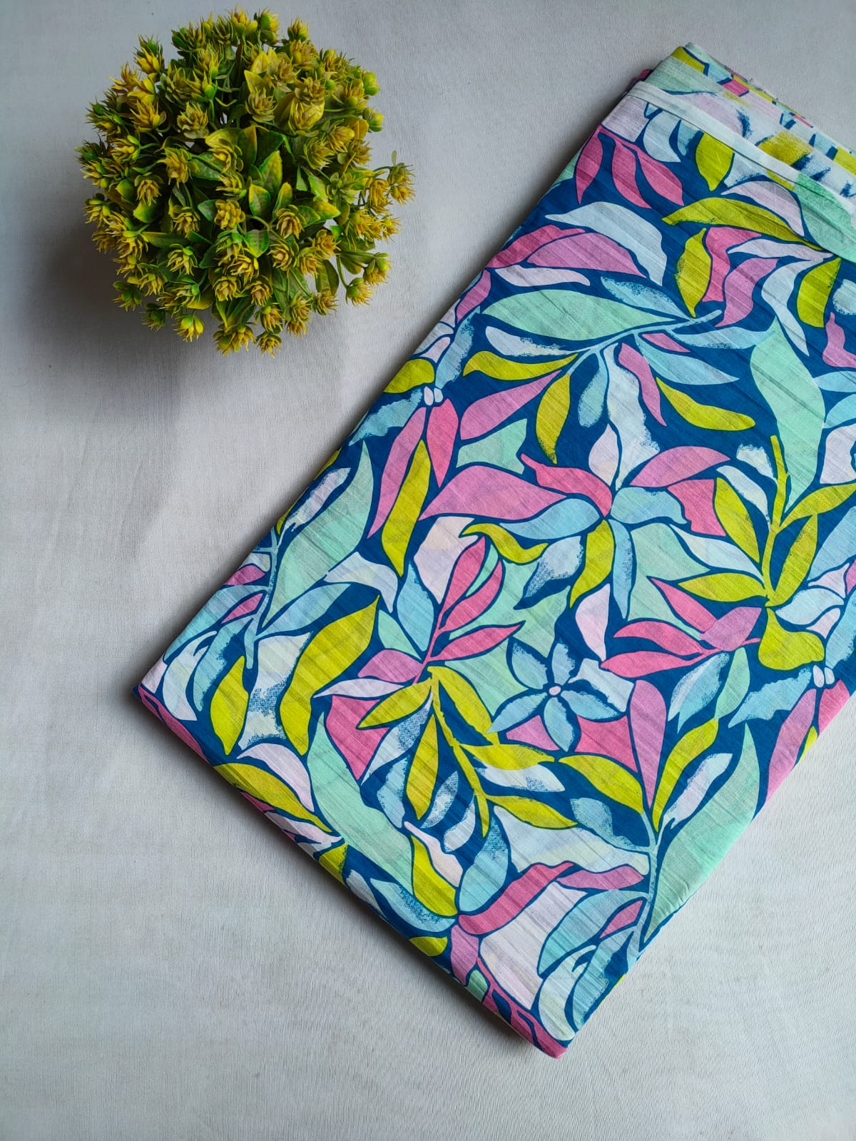 Navy Blue Leafy Floral Screen Print Pure Cotton Fabric From Tulsi Prints