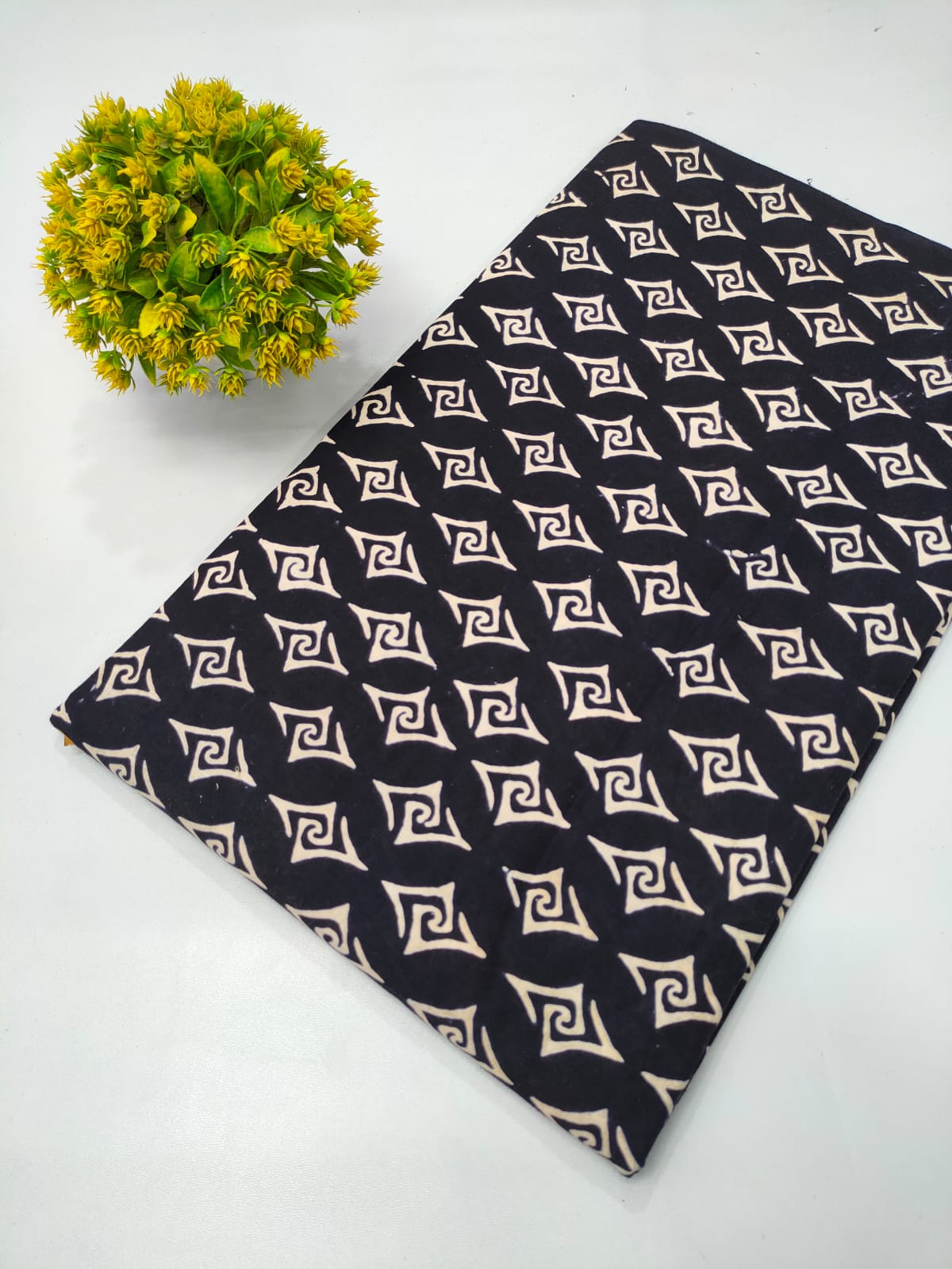 Black and Off-White Geometric Dabu Print Pure Cotton Fabric From Tulsi Prints