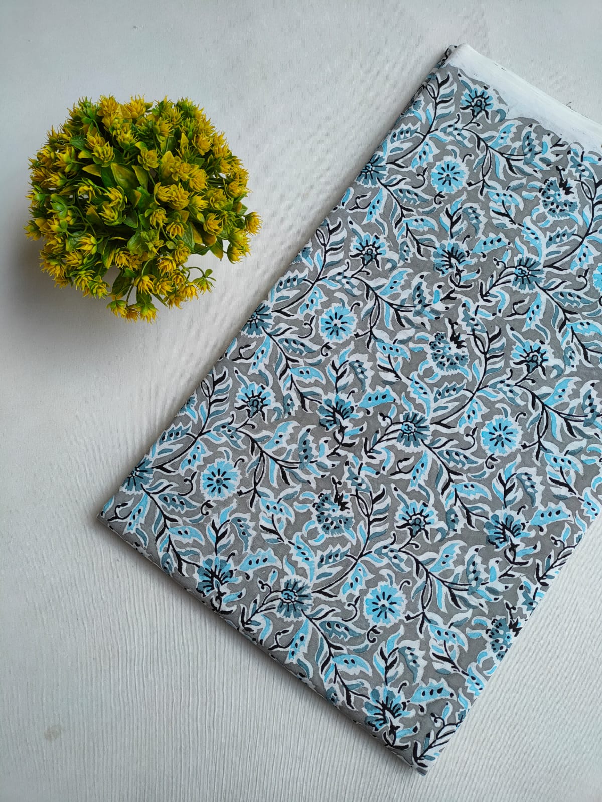 Grey Blue Floral Vine Sanganeri Hand Block Print Pure Cotton Fabric From Tulsi Prints