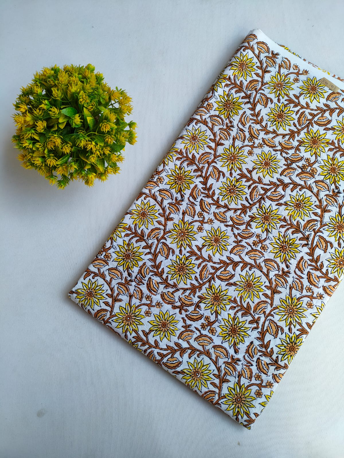 White And Yellow Floral Vine Jaipuri Hand Block Print Pure Cotton Fabric From Tulsi Prints