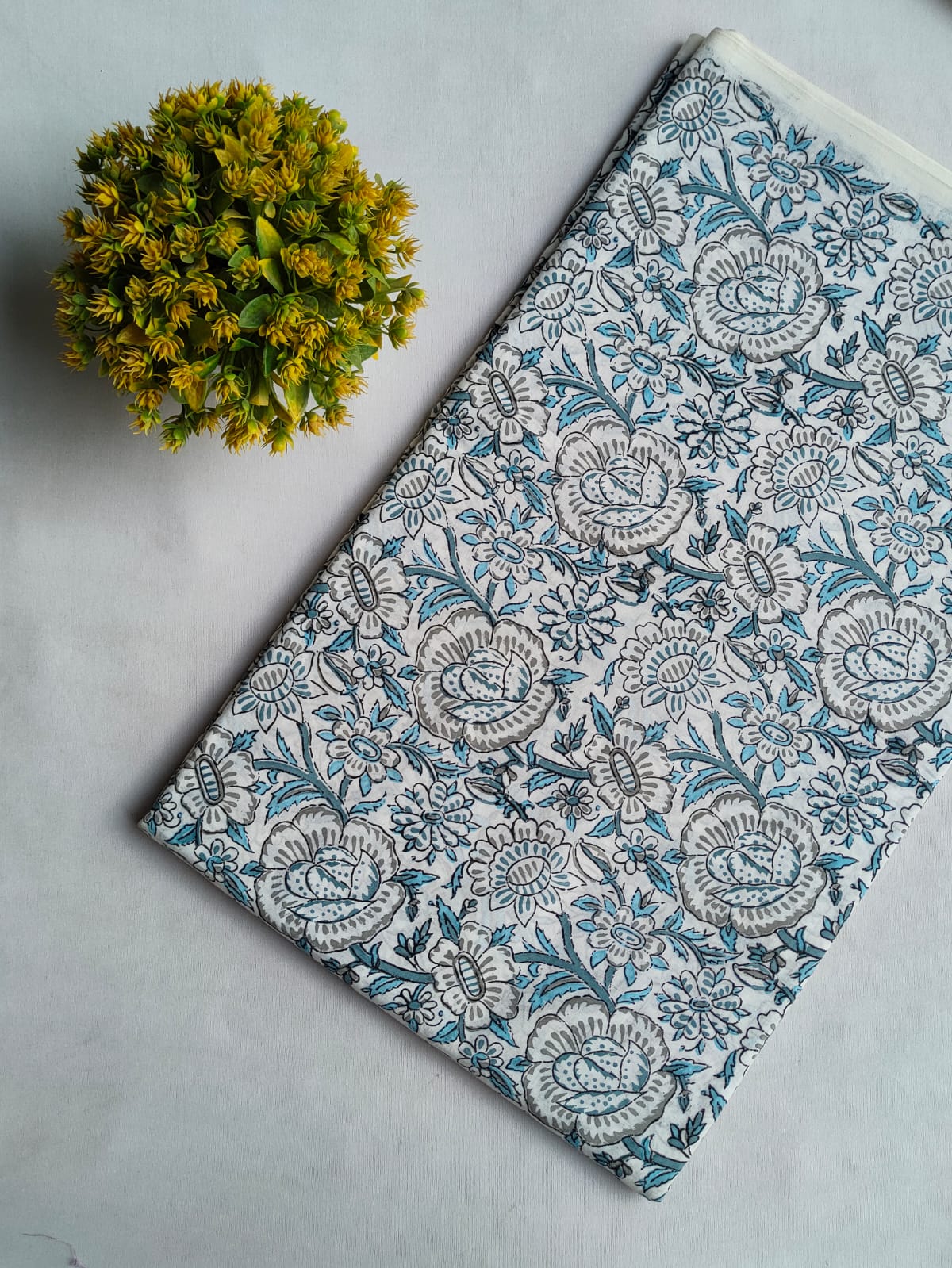 White Floral Sanganeri Block Print Pure Cotton Fabric From Tulsi Prints