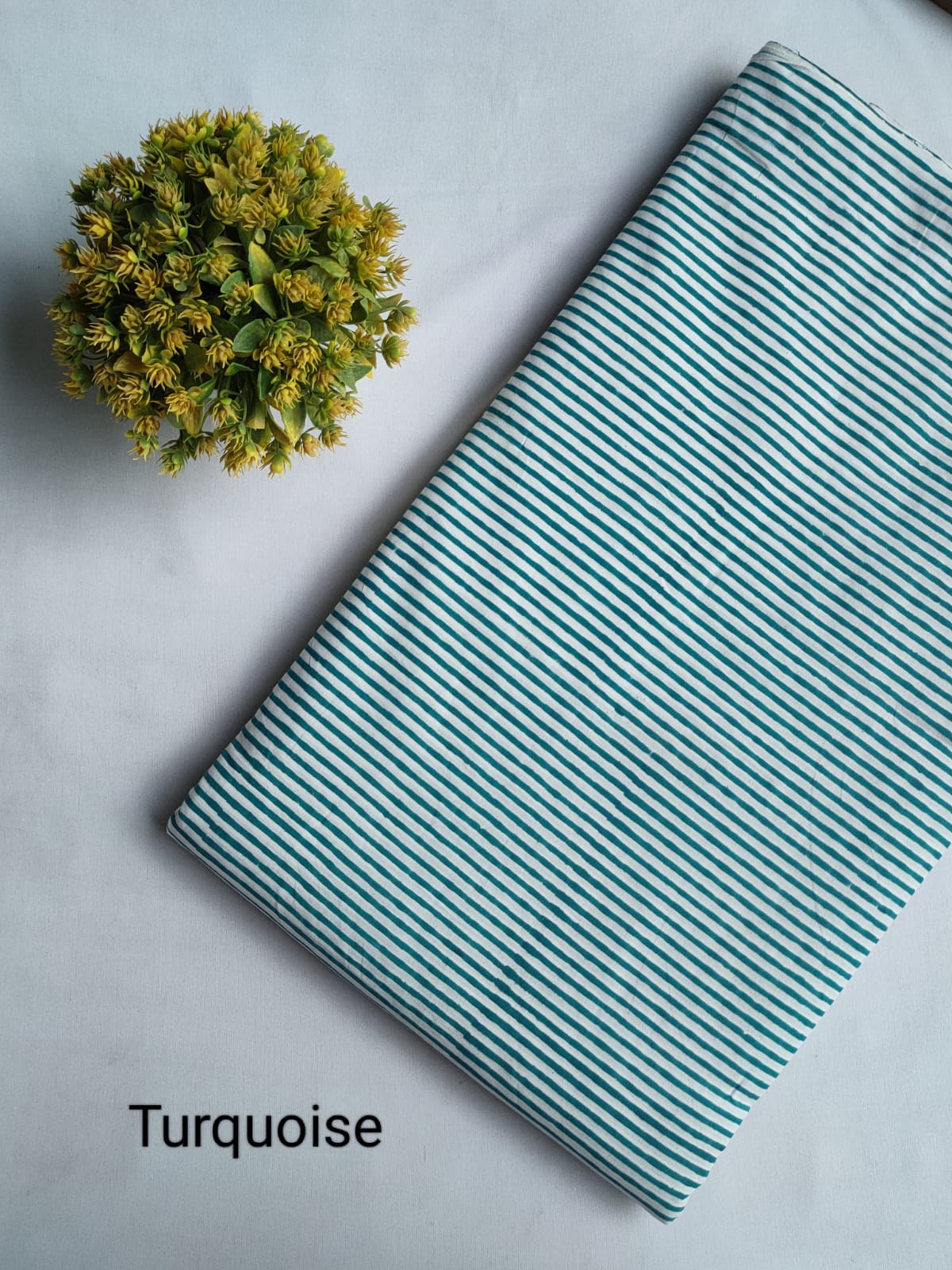 Turquoise Striped Jaipuri Block Print Cotton Fabric From Tulsi Prints