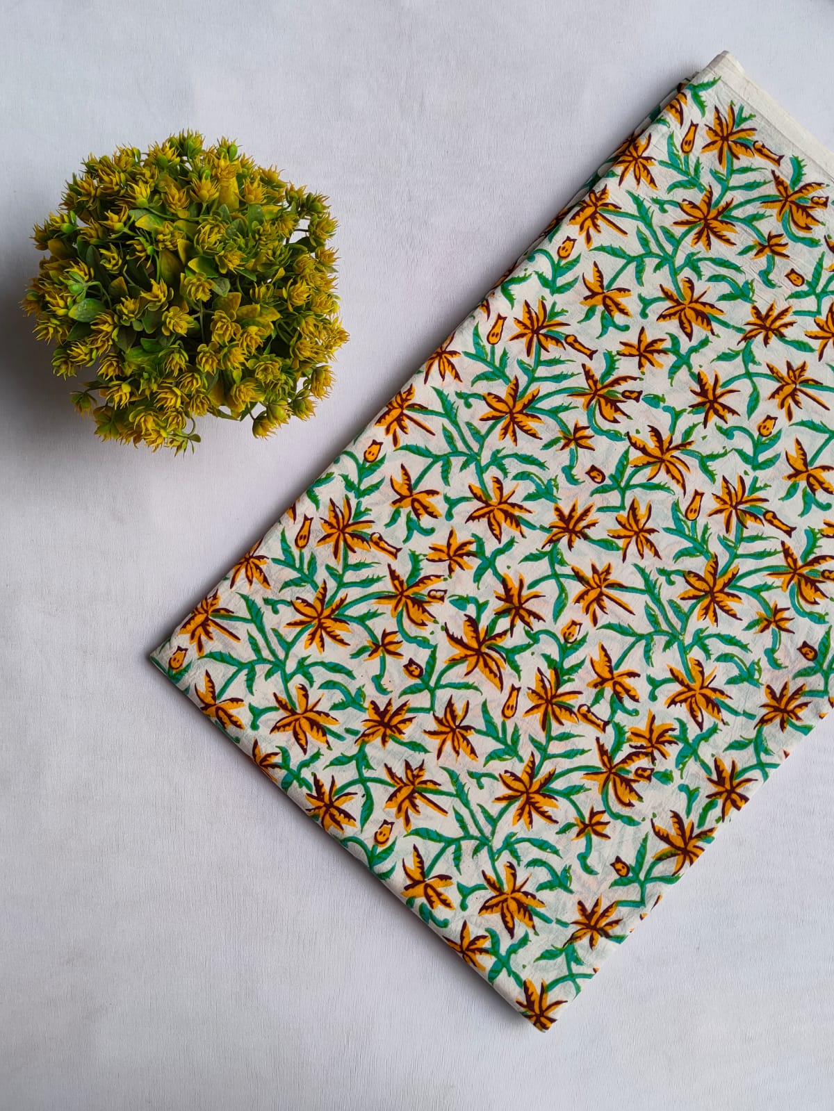 White Floral Sanganeri Hand Block Print Cotton Fabric From Tulsi Prints