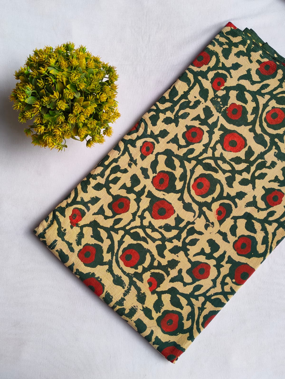 Beige and Green Floral Bagru Block Print Pure Cotton Fabric From Tulsi Prints