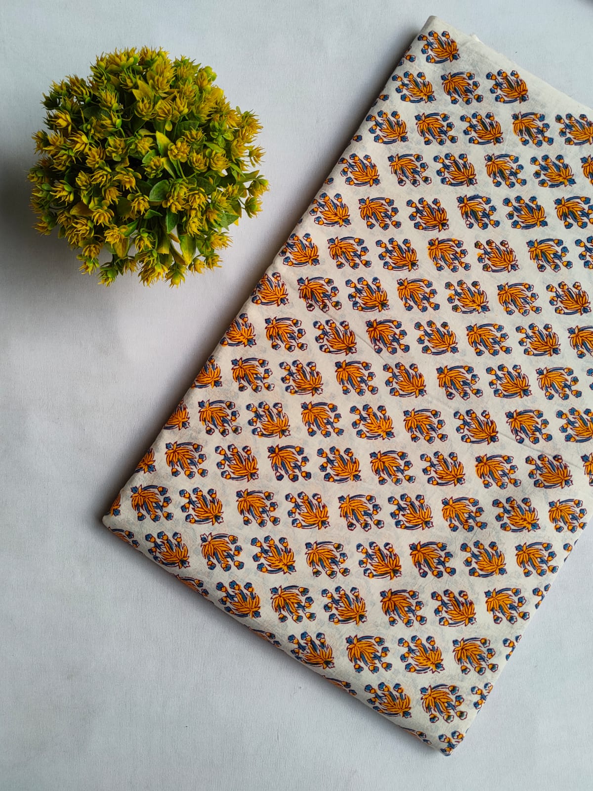 Cream Floral Sanganeri Block Print Pure Cotton Fabric From Tulsi Prints