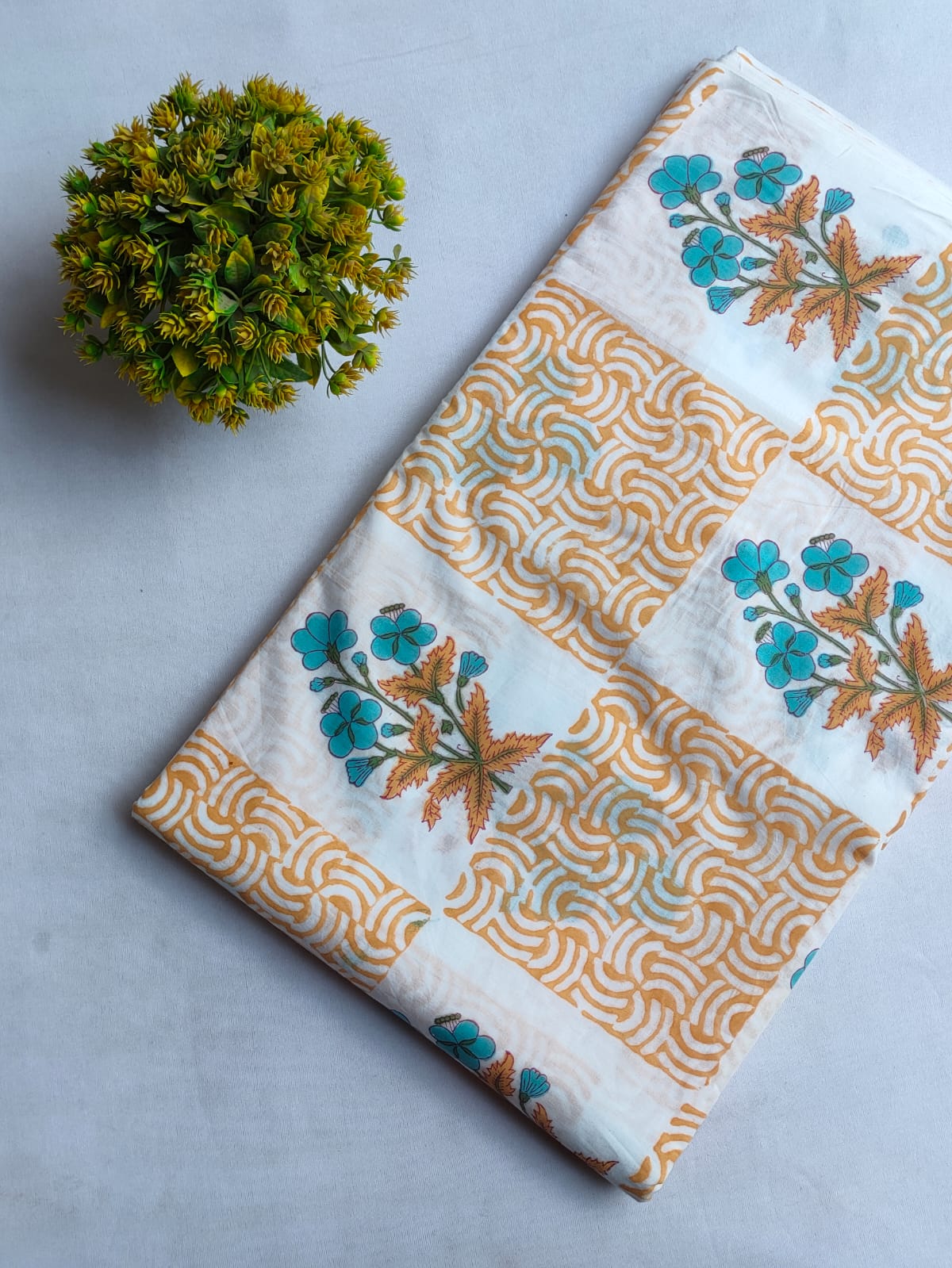 White Floral and Geometric Sanganeri Block Print Cotton Fabric From Tulsi Prints