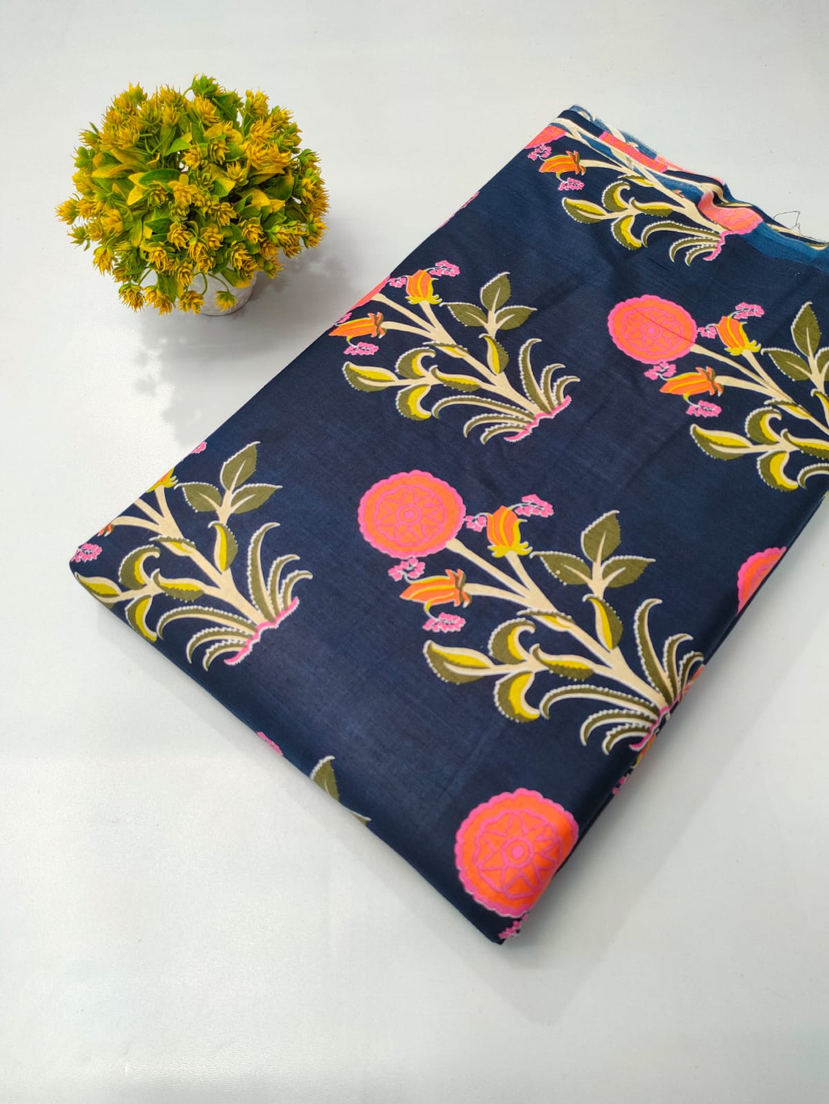 Navy Blue Floral Screen Print Pure Cotton Fabric From Tulsi Prints