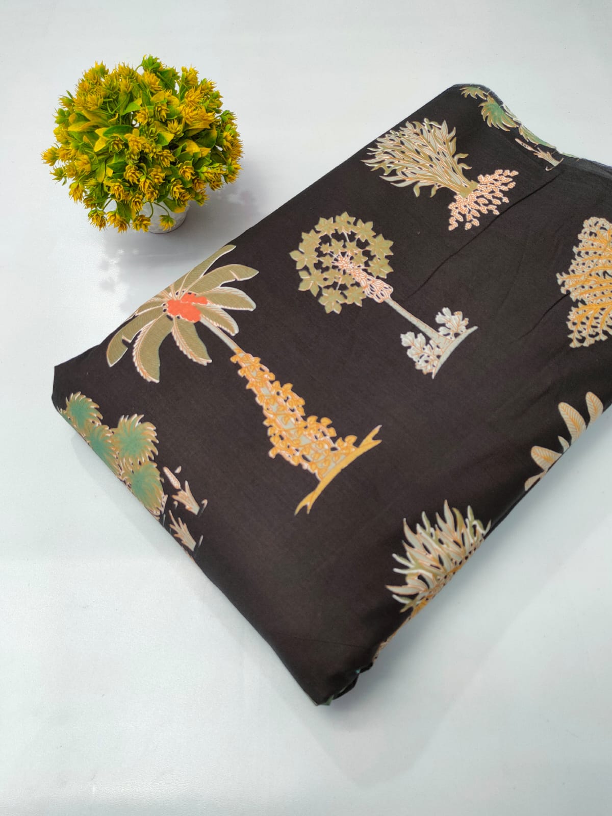 Black Botanical Print Screen Print Pure Cotton Fabric From Tulsi Prints