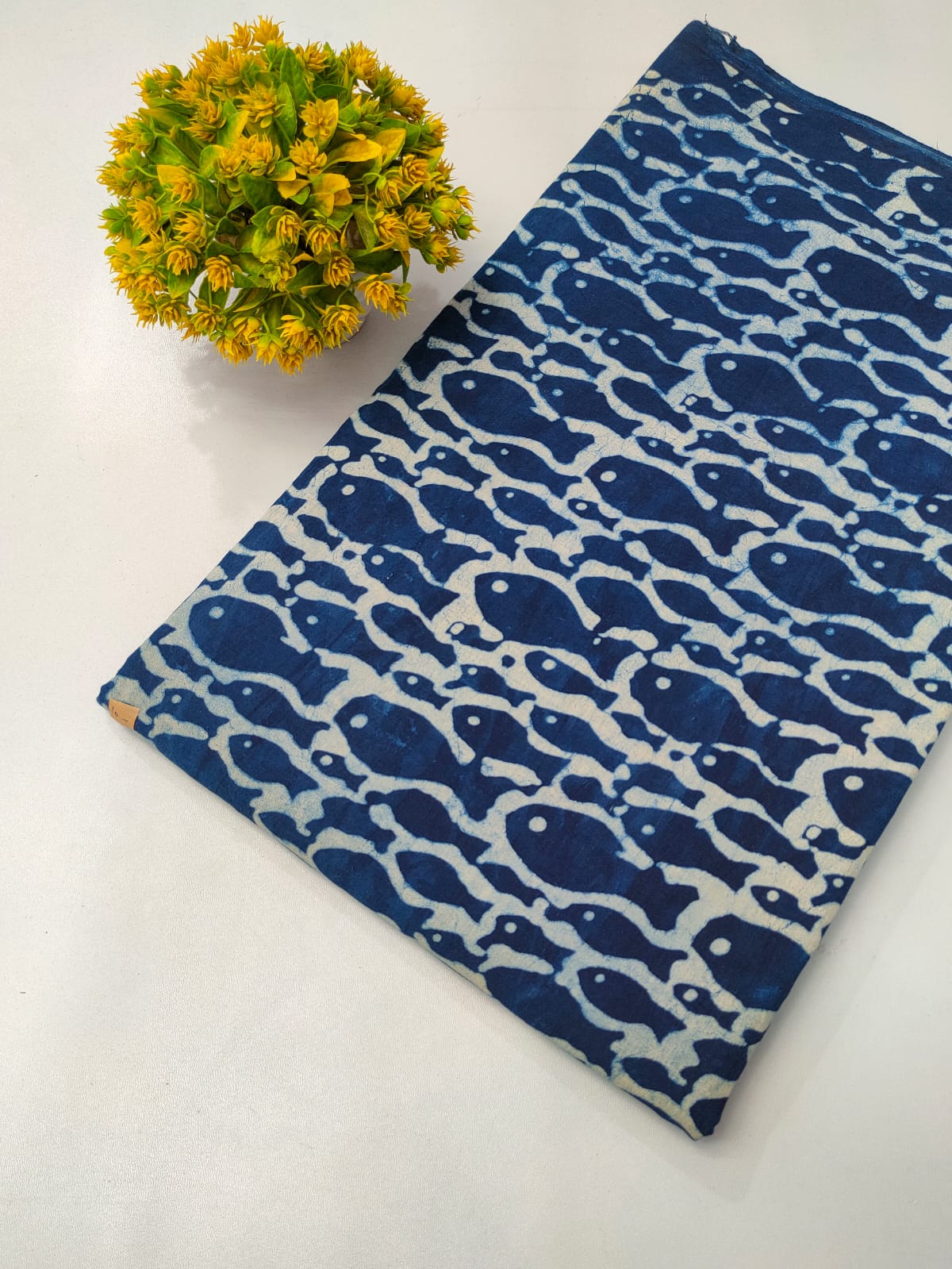 Navy Blue Fish Motif Indigo Print (Dabu Indigo Print) Pure Cotton Fabric From Tulsi Prints
