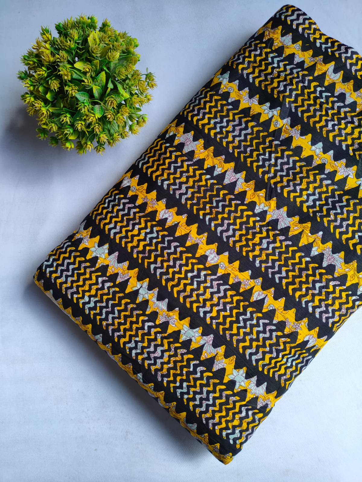 Black and Yellow Chevron Zigzag Screen Print Pure Cotton Fabric From Tulsi Prints