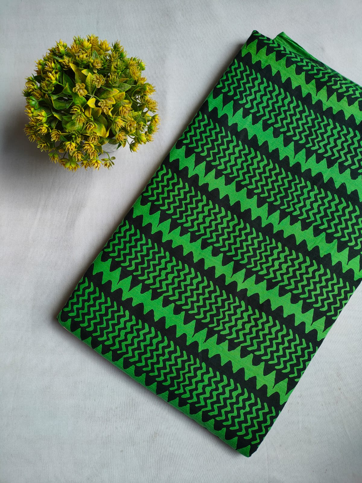 Green Zigzag Screen Print Pure Cotton Fabric From Tulsi Prints