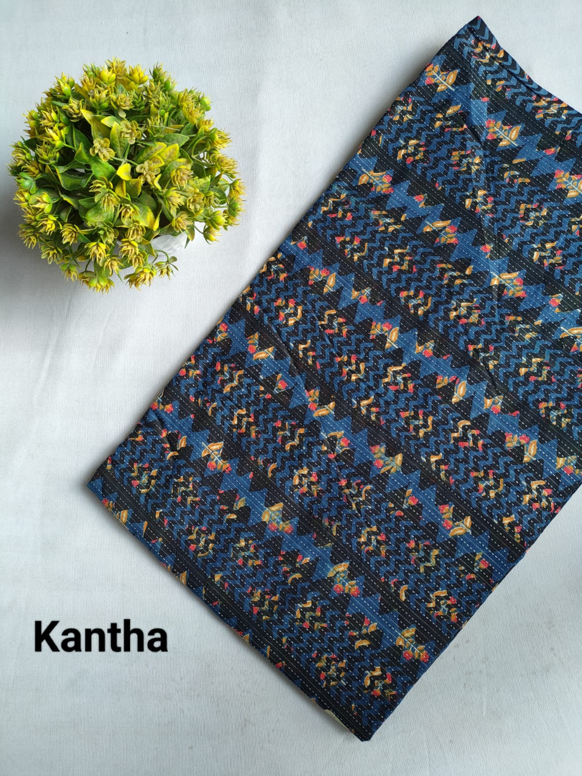 Navy Blue Geometric Floral Kantha Screen Print Pure Cotton Fabric From Tulsi Prints