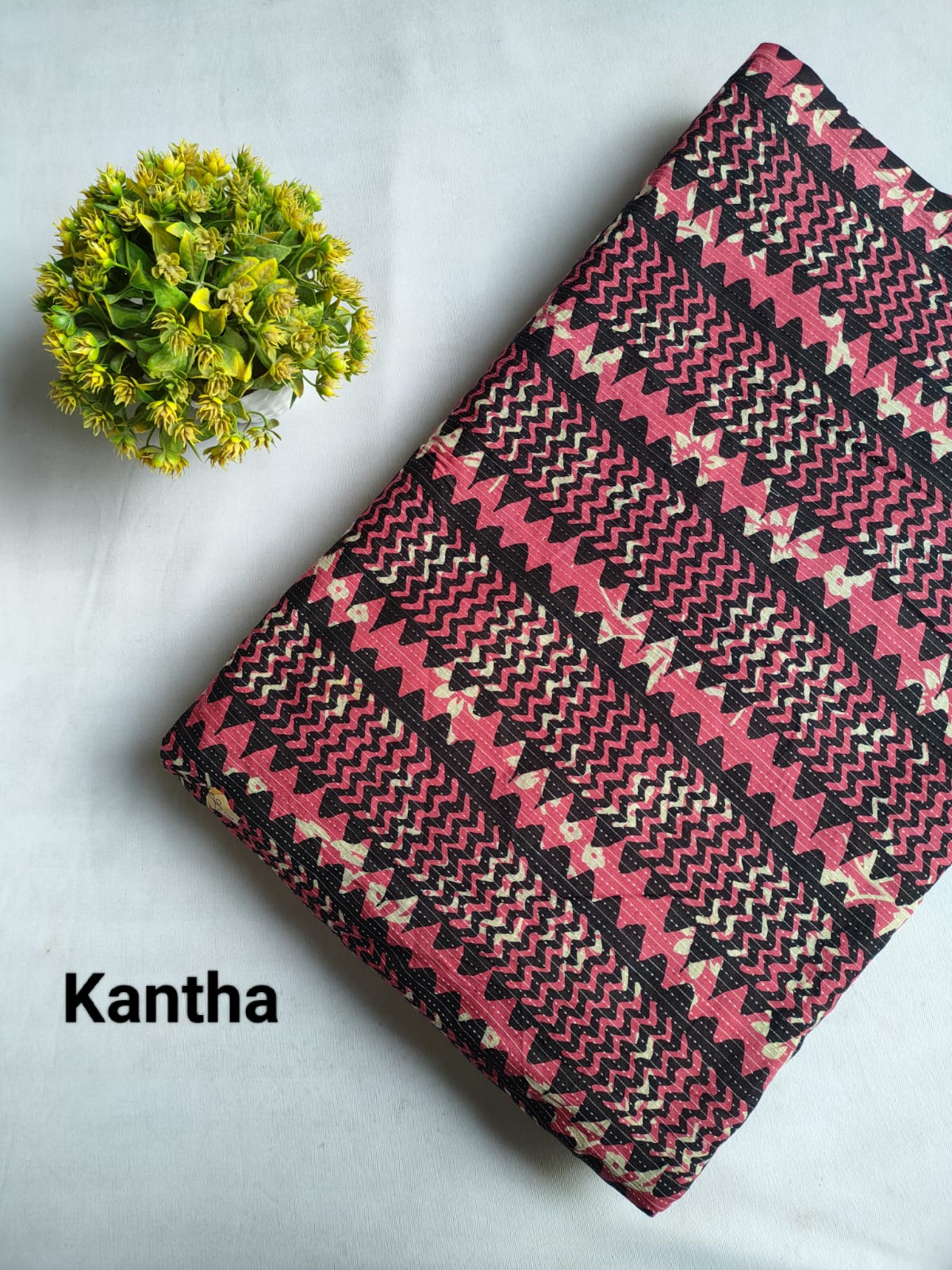 Pink Black Zigzag Screen Print Pure Cotton Fabric From Tulsi Prints