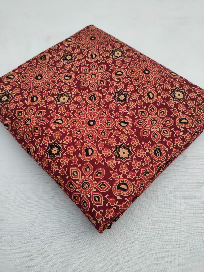 Red Floral Ajrakh Print Pure Cotton Fabric From Tulsi Prints