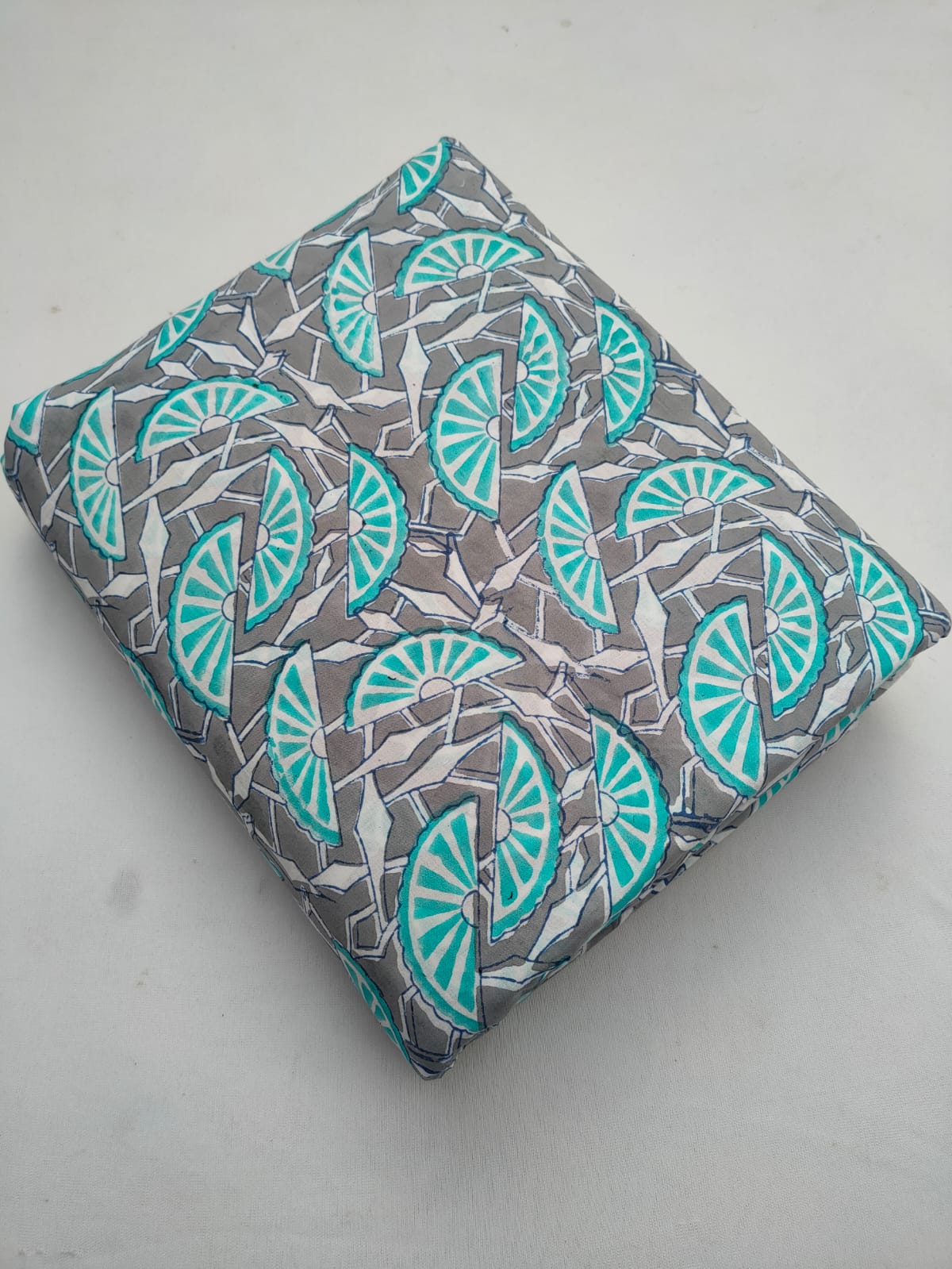 Grey And Teal Abstract Motif Jaipuri Block Print Pure Cotton Fabric From Tulsi Prints