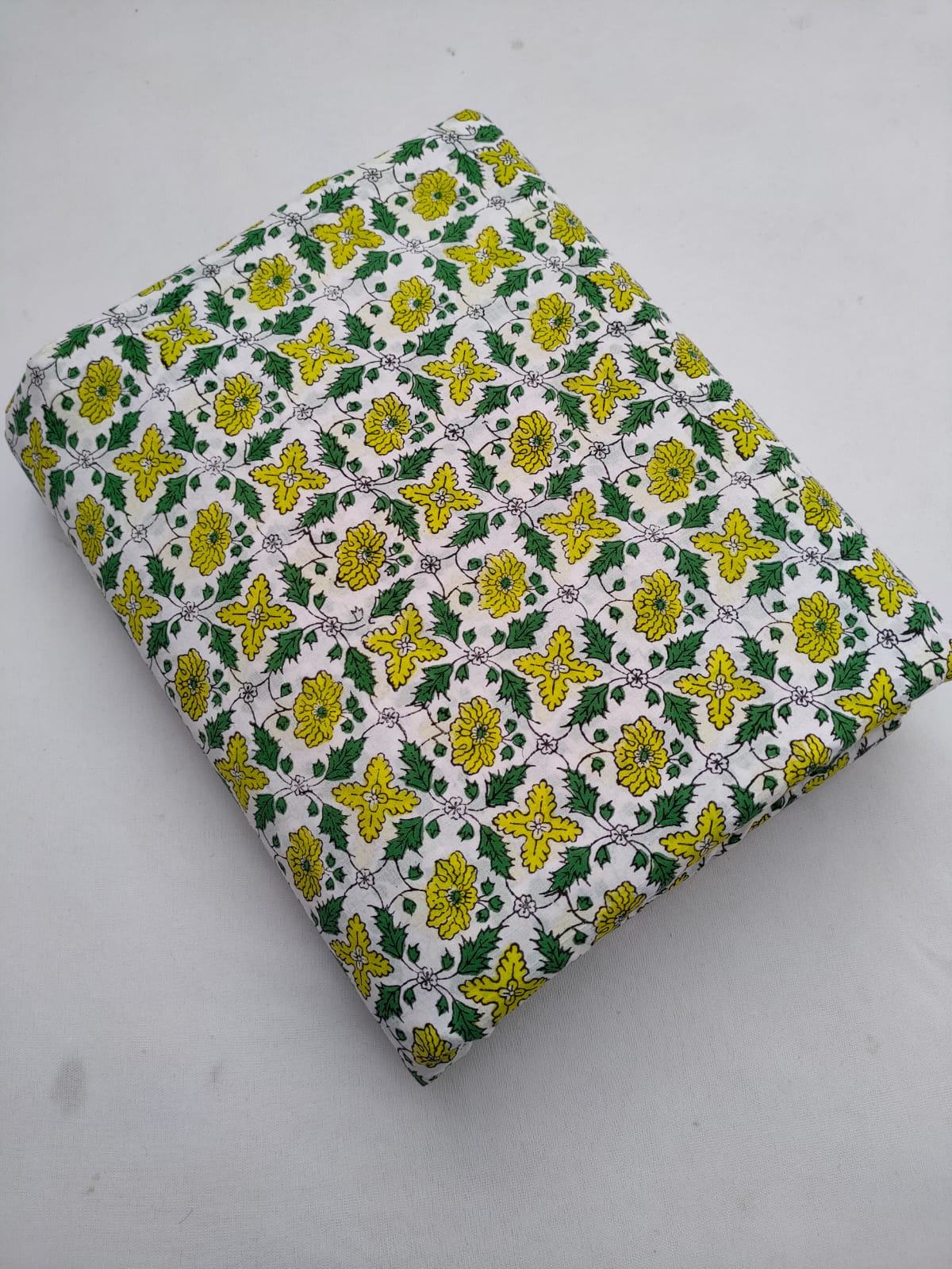 White And Yellow Floral Vine Jaipuri Hand Block Print Pure Cotton Fabric From Tulsi Prints