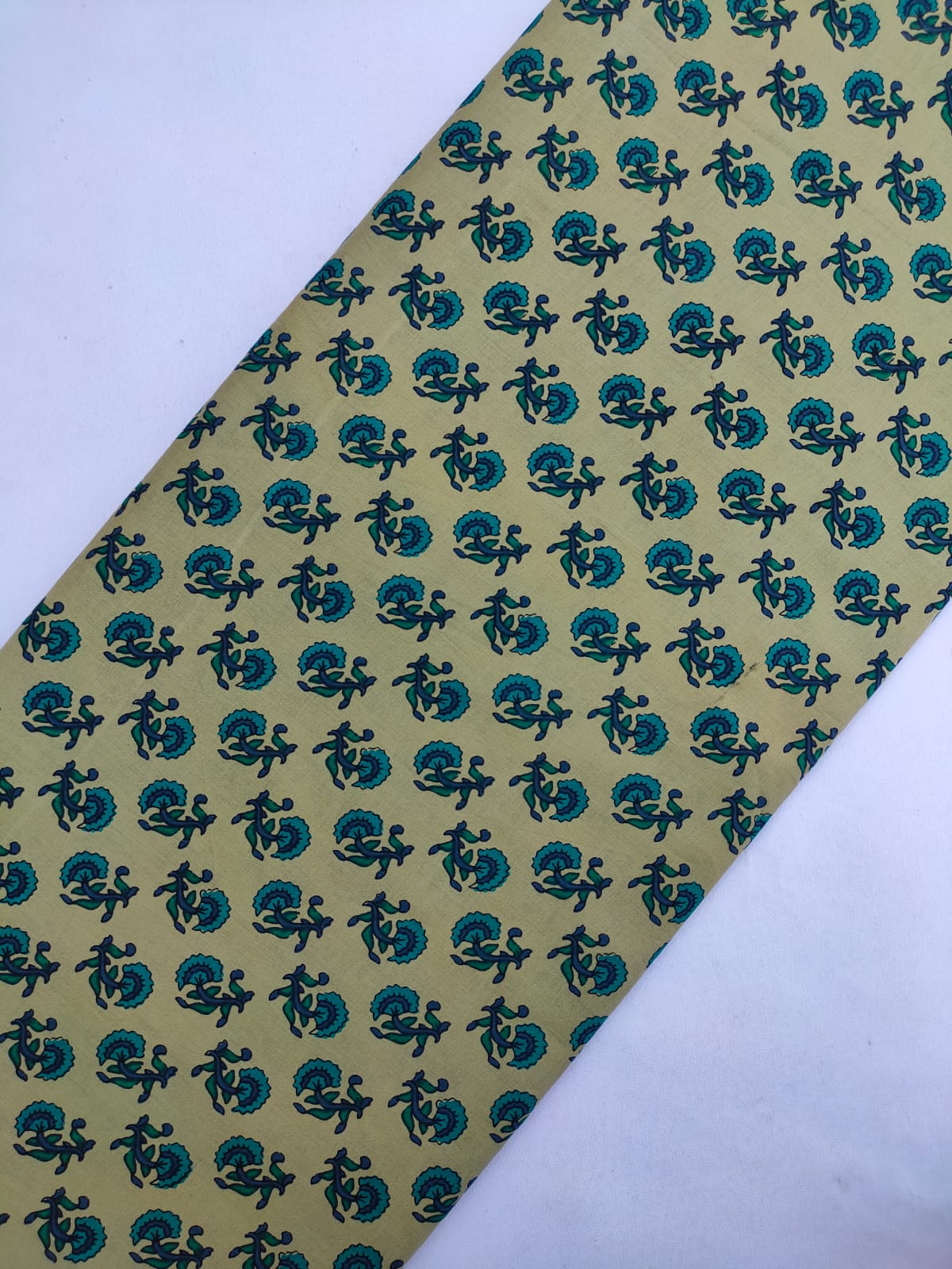 Olive Green Peacock Motif Screen Print Pure Cotton Fabric From Tulsi Prints