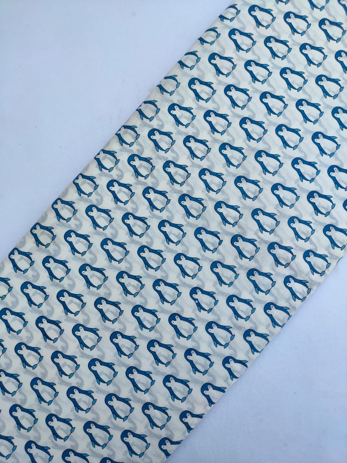 Blue Penguin Motif Screen Print Pure Cotton Fabric From Tulsi Prints
