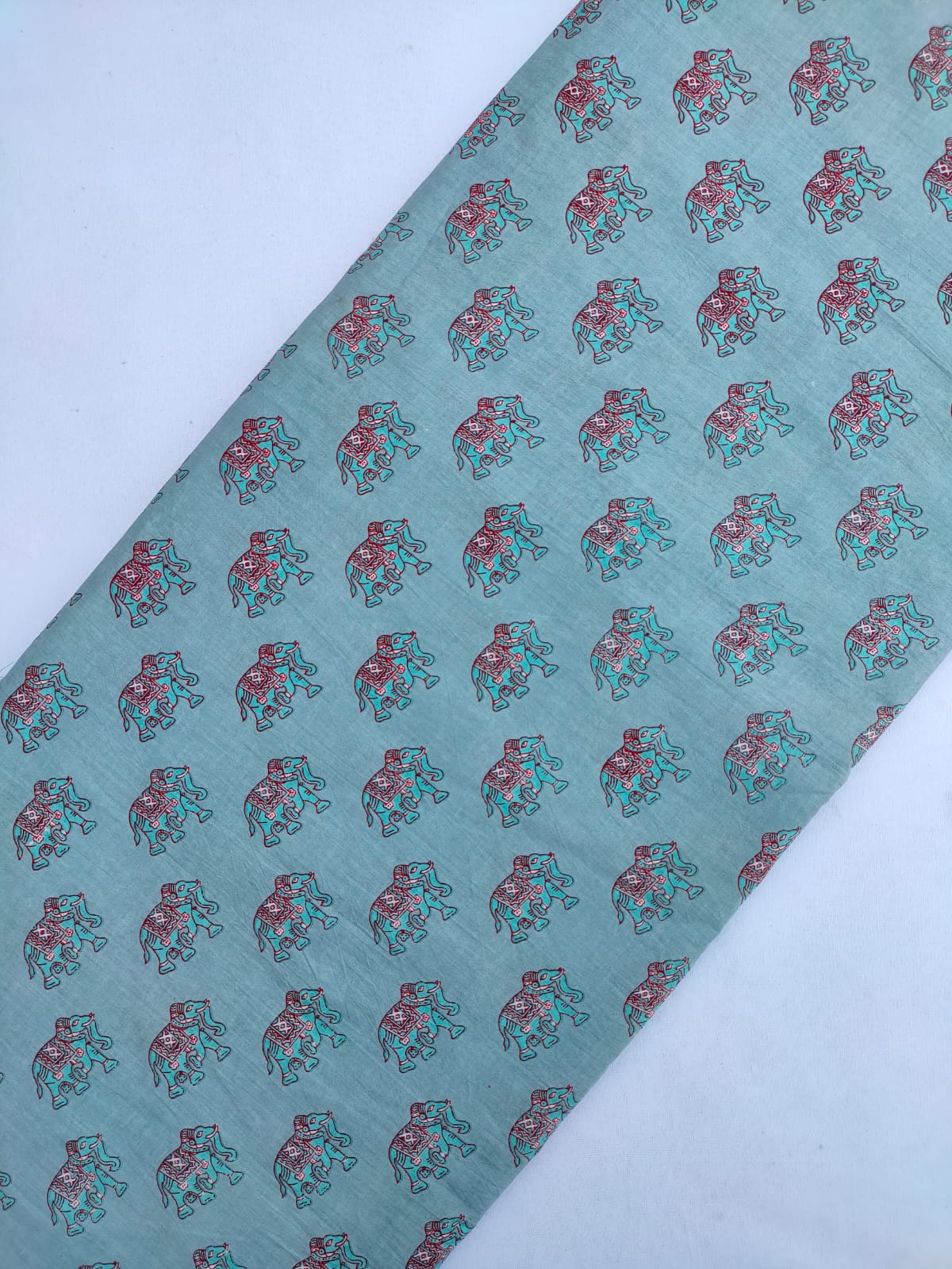 Teal Elephant Motif Screen Print Pure Cotton Fabric From Tulsi Prints