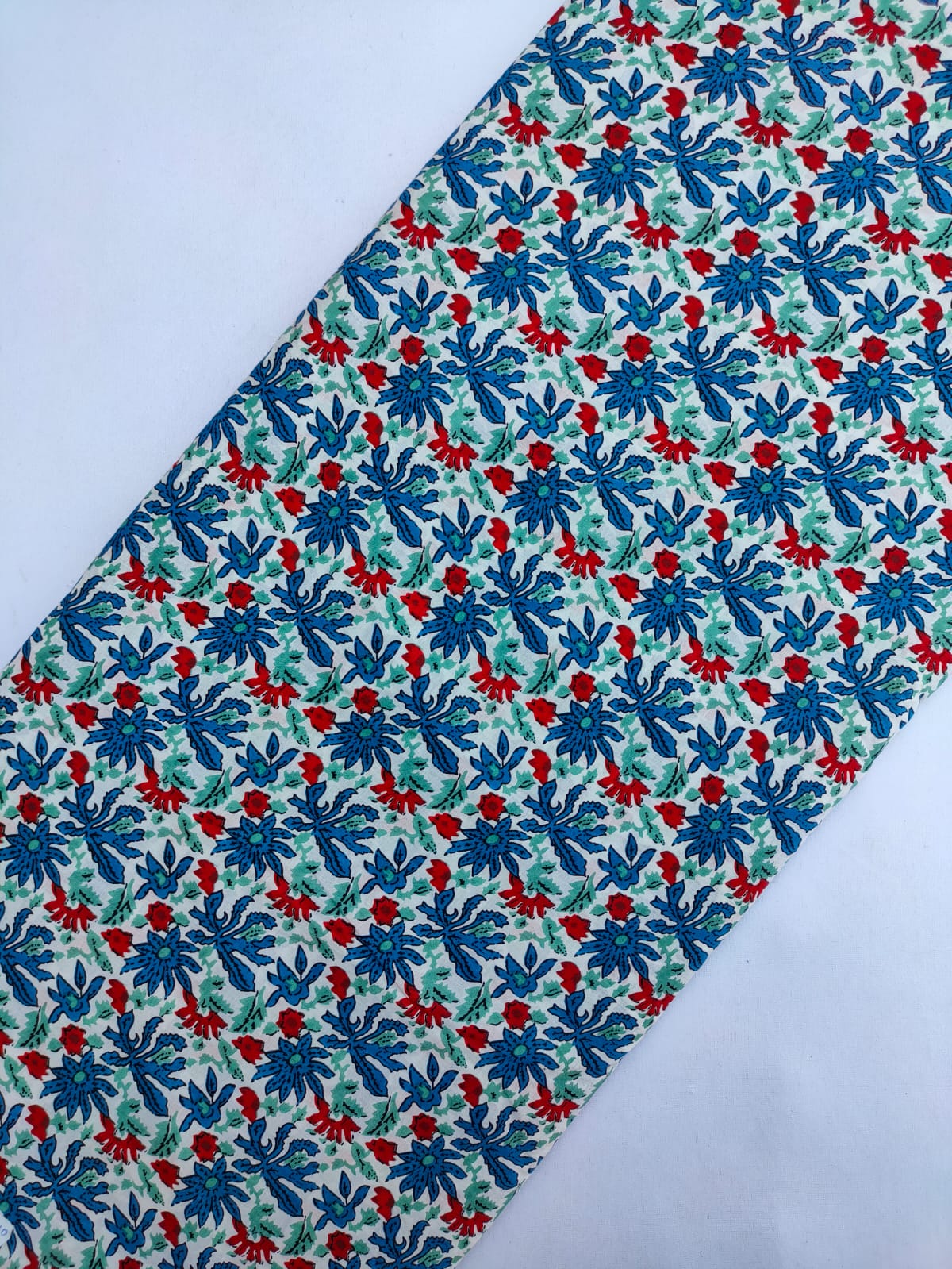 White Blue Floral Screen Print Pure Cotton Fabric From Tulsi Prints