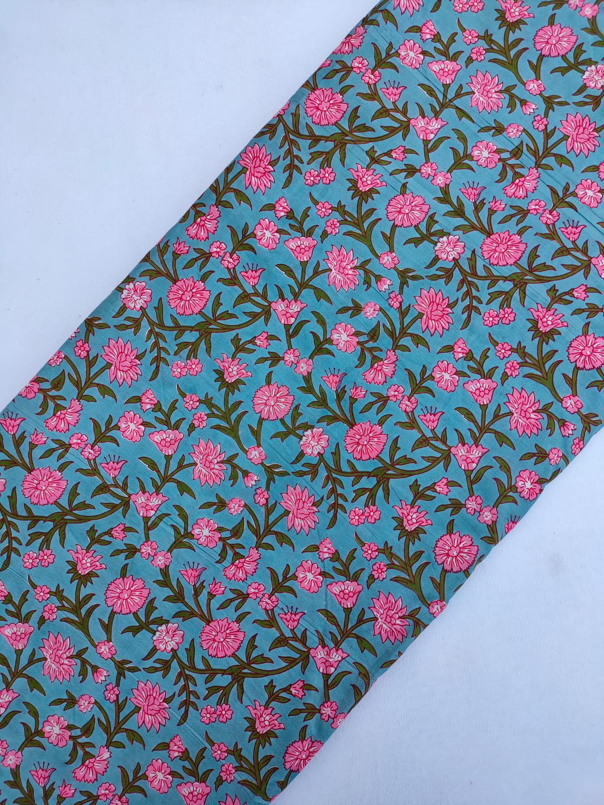 Turquoise Pink Floral Screen Print Pure Cotton Fabric From Tulsi Prints