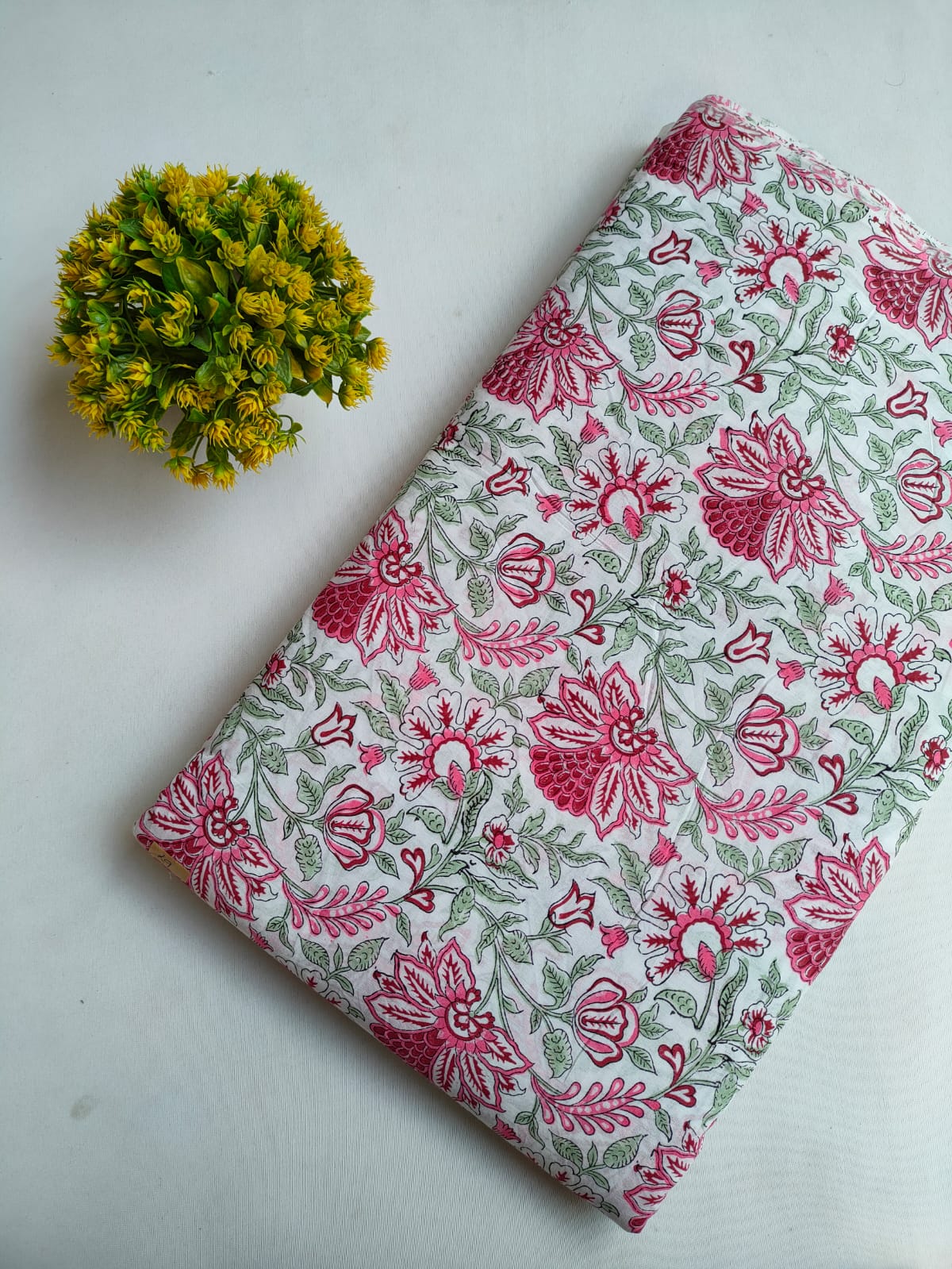 White Floral Sanganeri Hand Block Print Pure Cotton Fabric From Tulsi Prints