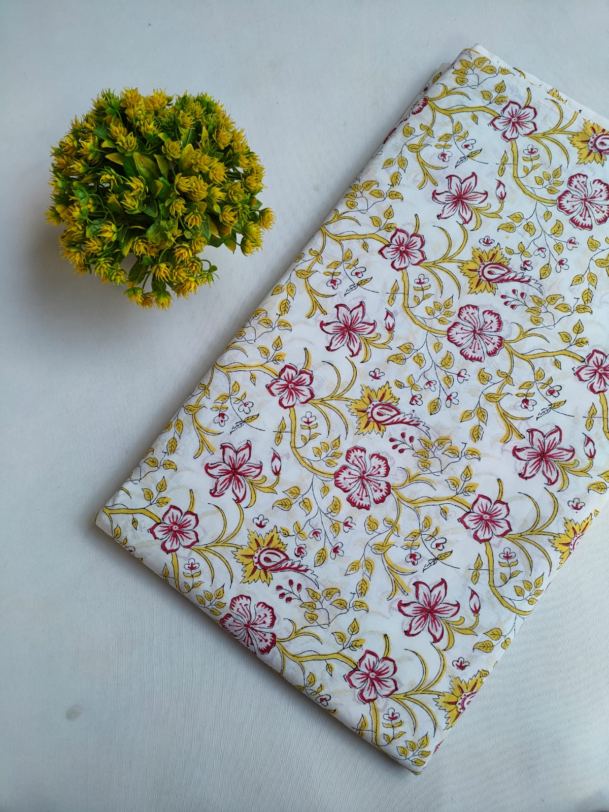 White Floral Sanganeri Hand Block Print Cotton Fabric From Tulsi Prints