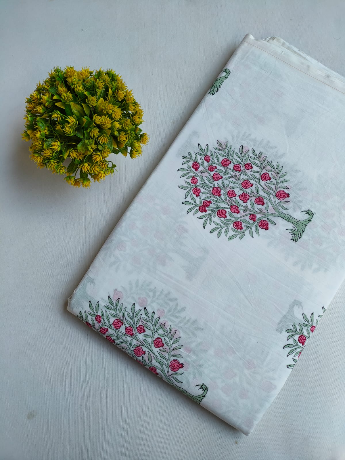White Floral Tree Sanganeri Hand Block Print Cotton Fabric From Tulsi Prints