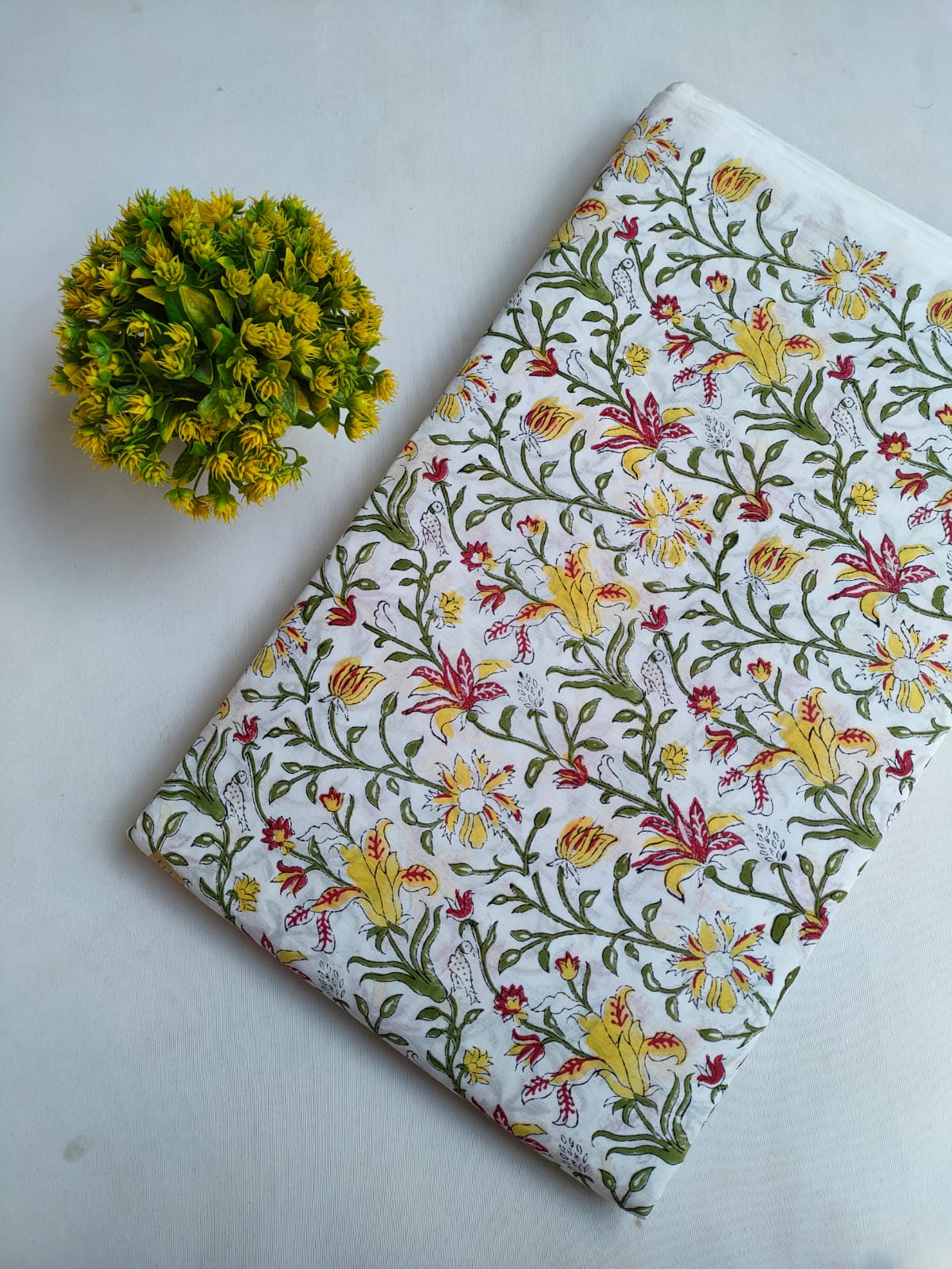 White Floral Sanganeri Hand Block Print Cotton Fabric From Tulsi Prints