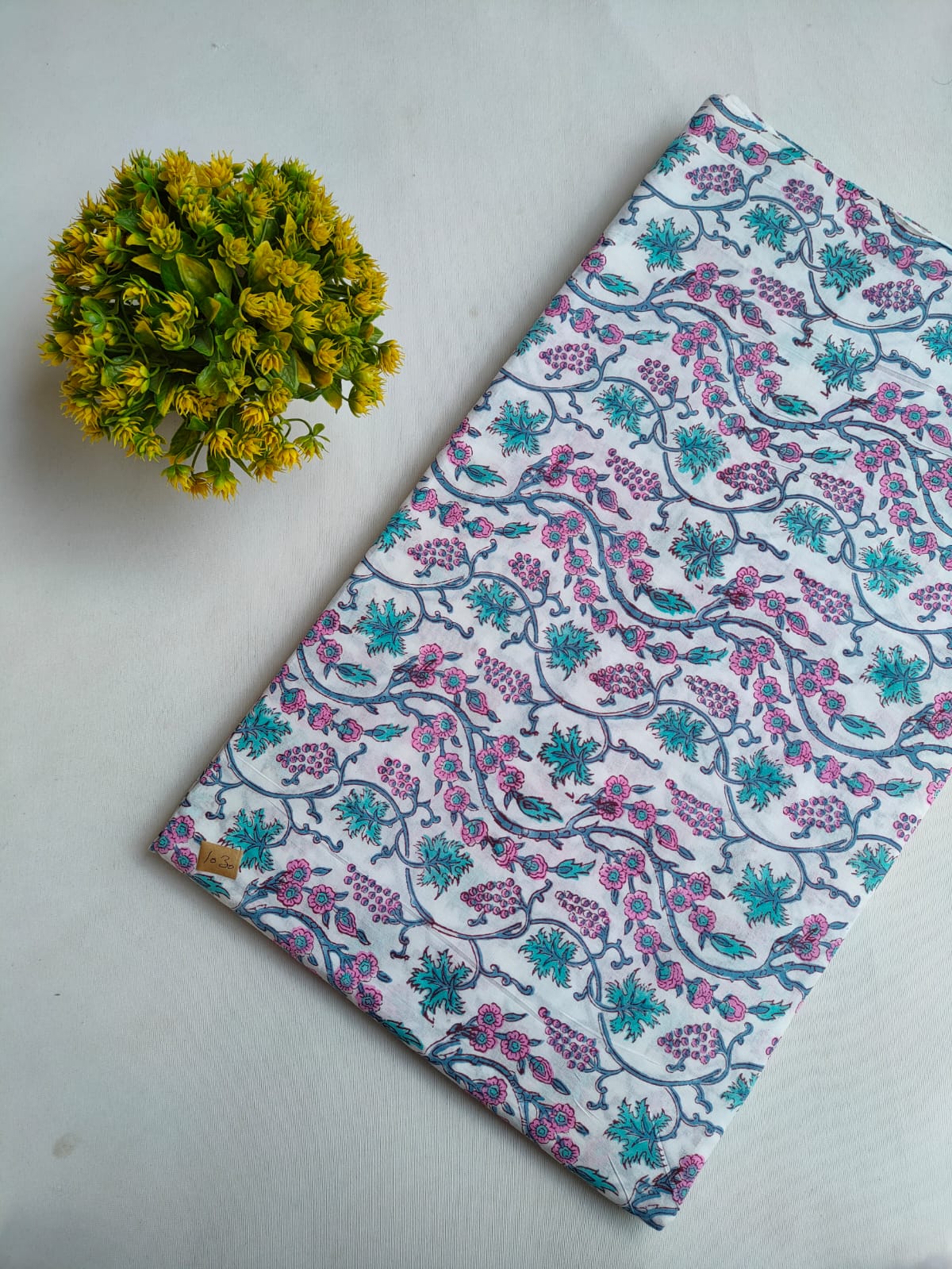 White Pink Floral Vine Jaipuri Hand Block Print Pure Cotton Fabric From Tulsi Prints