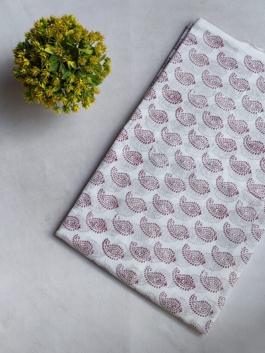 White Paisley Sanganeri Block Print Cotton Fabric From Tulsi Prints
