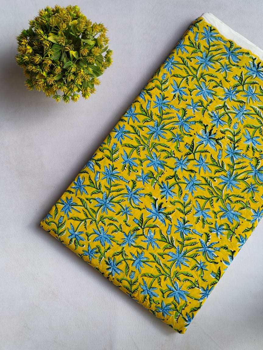 Yellow Floral Sanganeri Hand Block Print Cotton Fabric From Tulsi Prints