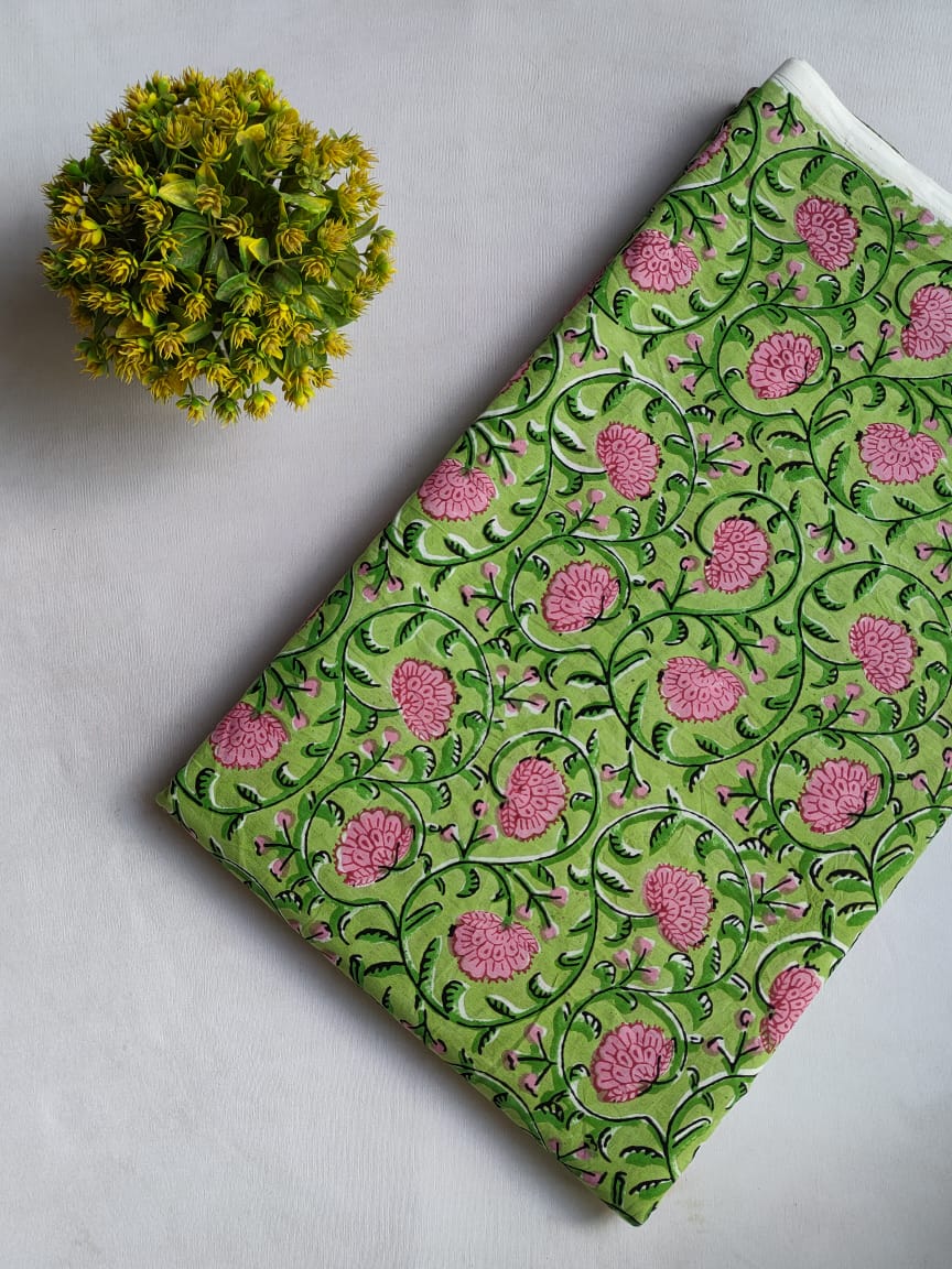 Green Floral Sanganeri Hand Block Print Cotton Fabric From Tulsi Prints