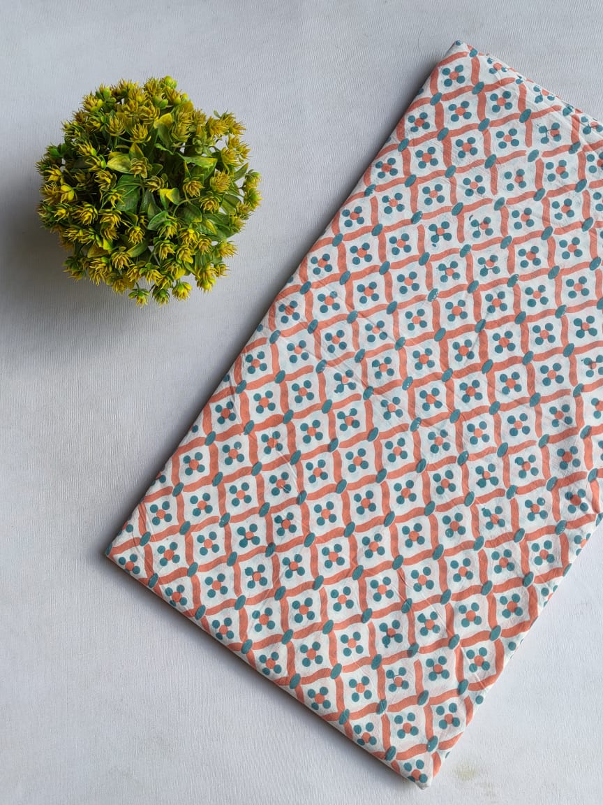 Peach and Teal Geometric Sanganeri Block Print Pure Cotton Fabric From Tulsi Prints