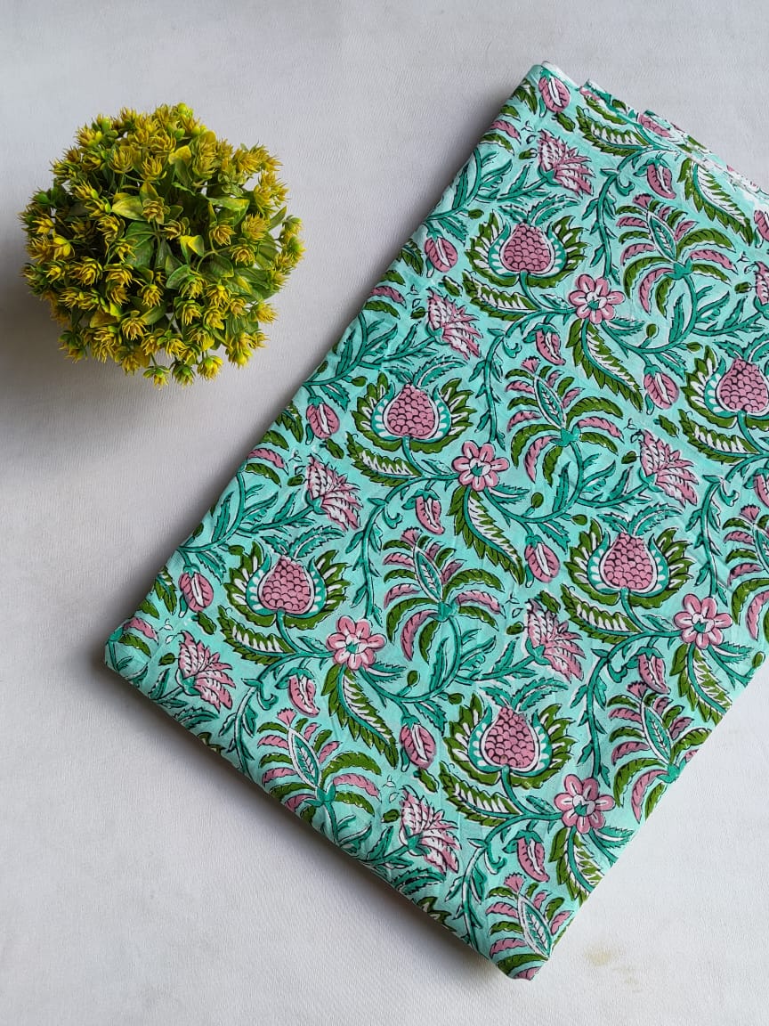 Turquoise Floral Sanganeri Hand Block Print Cotton Fabric From Tulsi Prints