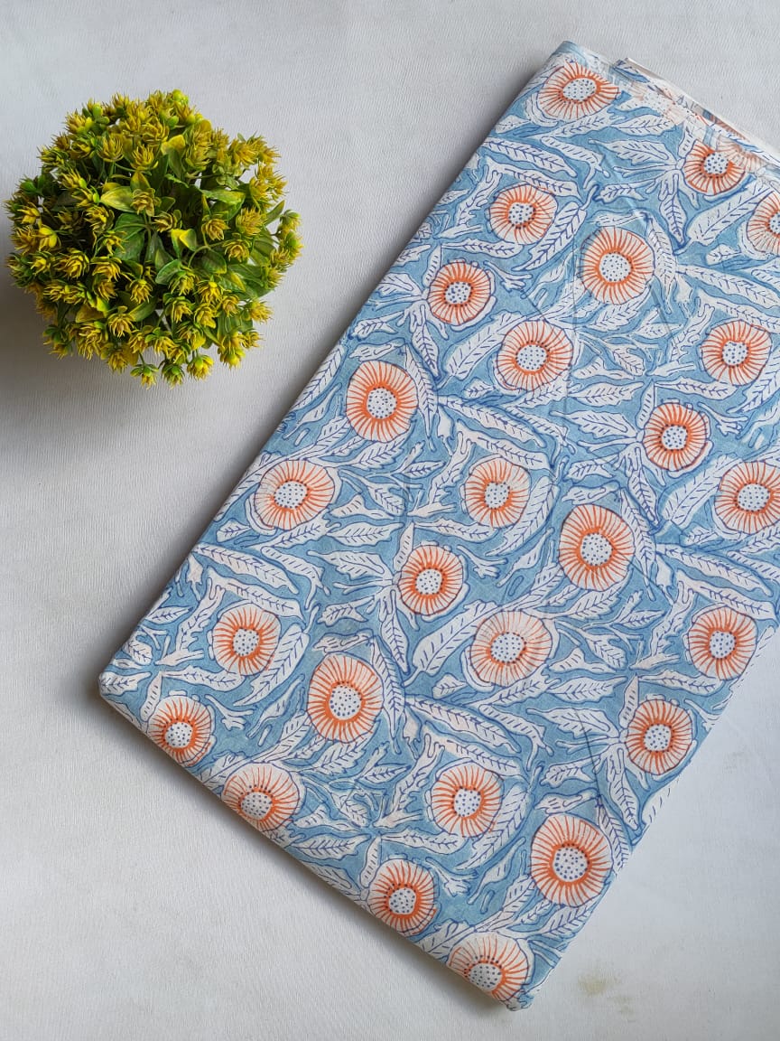 Blue Floral Sanganeri Block Print Pure Cotton Fabric From Tulsi Prints
