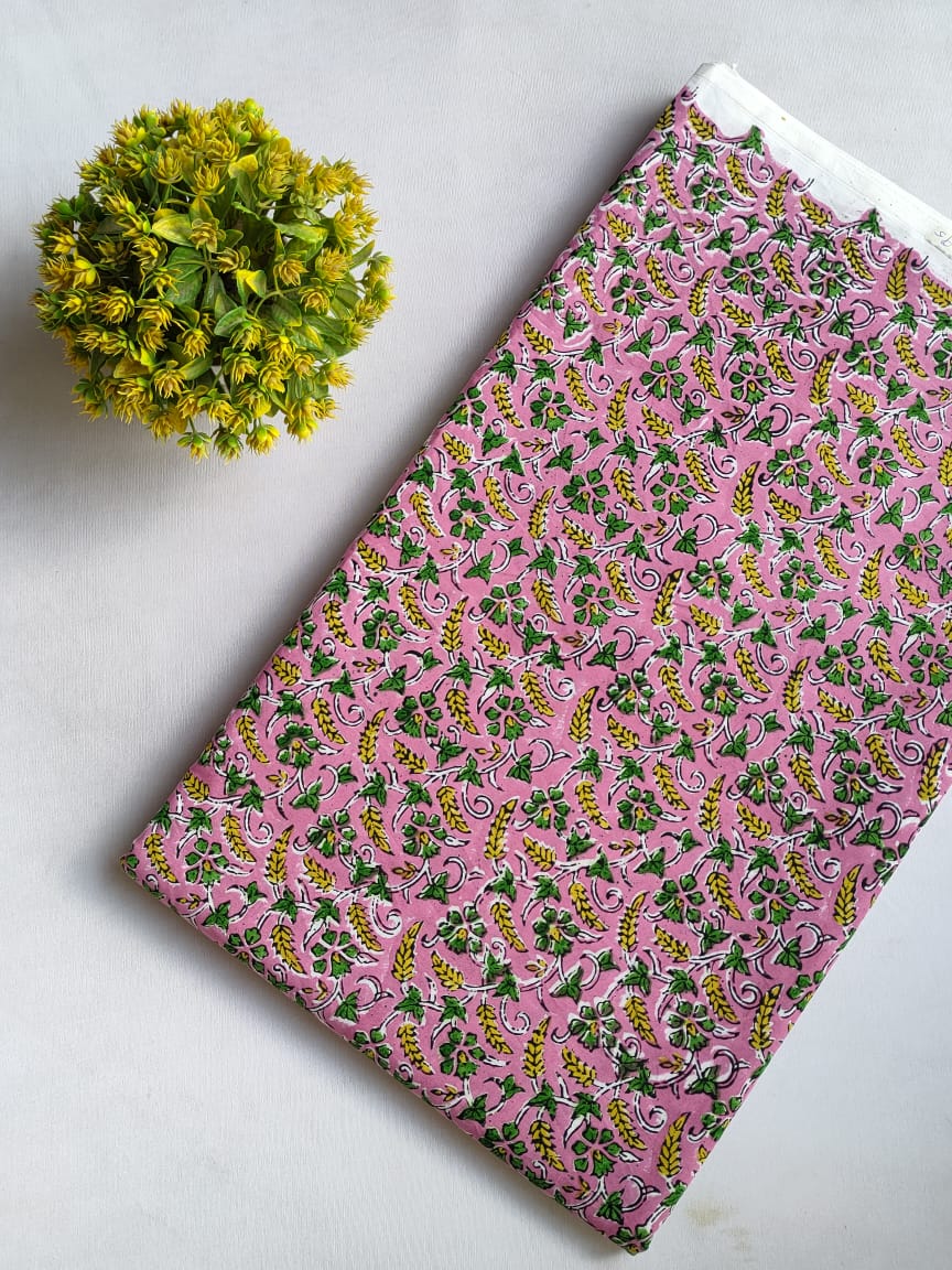 Pink Floral Vine Sanganeri Hand Block Print Cotton Fabric From Tulsi Prints