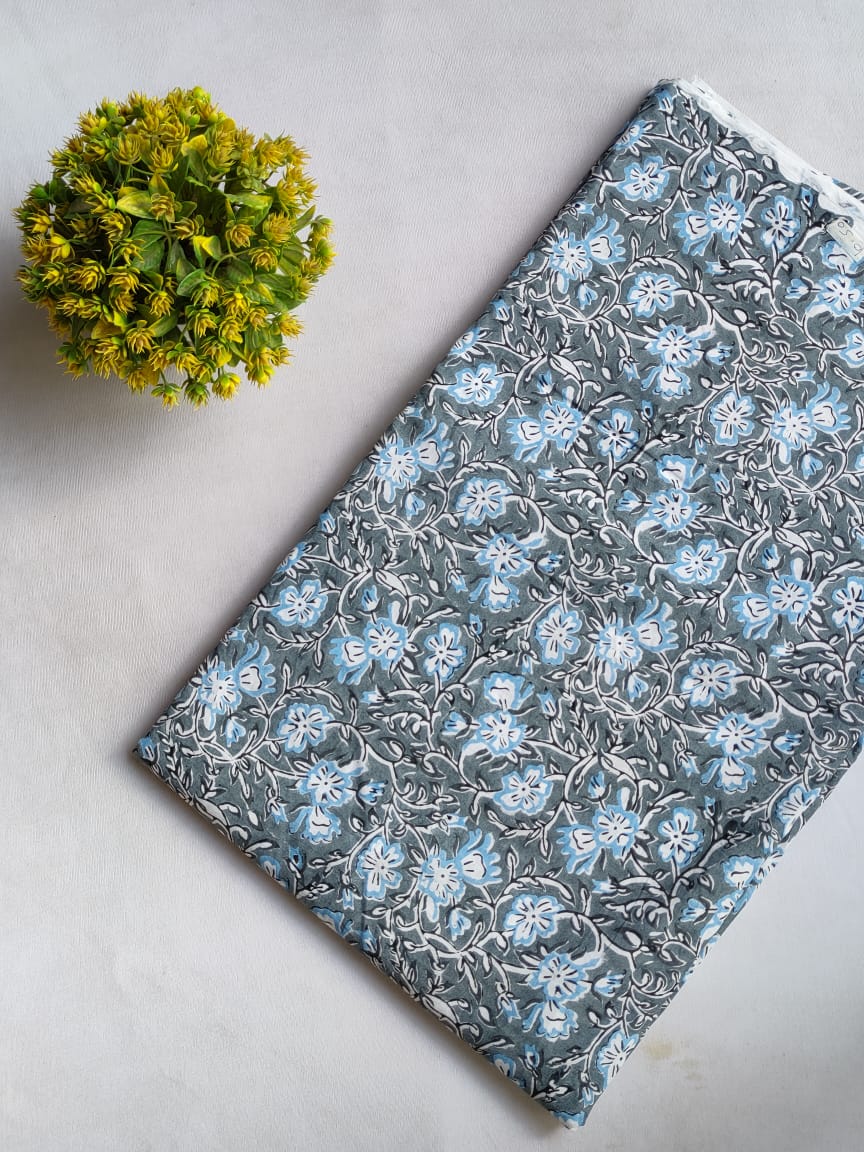 Grey Floral Sanganeri Hand Block Print Cotton Fabric From Tulsi Prints