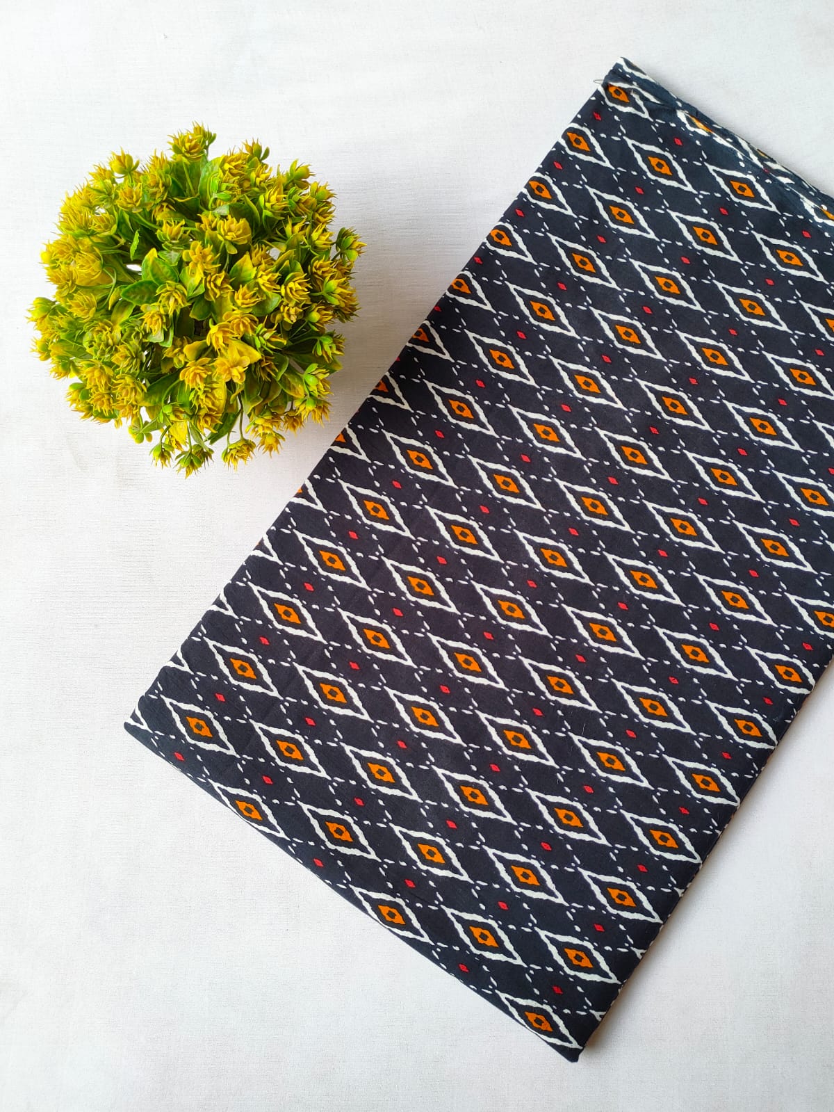 Black Ikat Geometric Screen Print Pure Cotton Fabric From Tulsi Prints