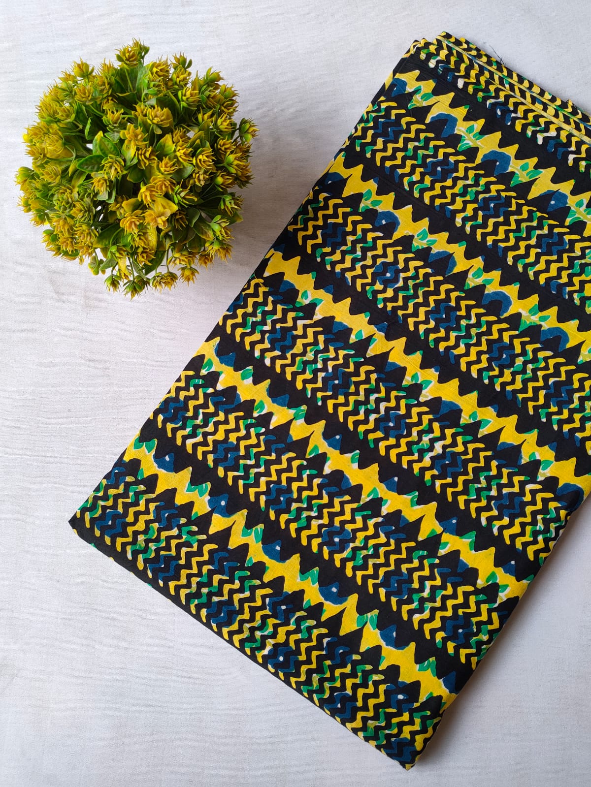 Black Yellow Zigzag Screen Print Pure Cotton Fabric From Tulsi Prints